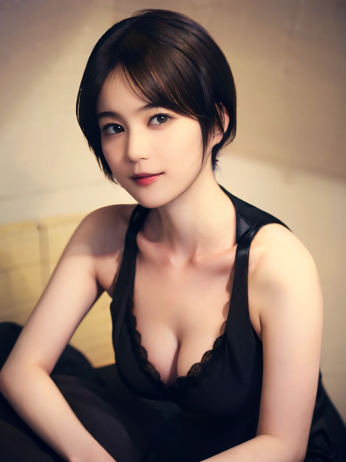 (20 year old woman,Are standing), (surreal), (High resolution), ((beautiful hairstyle 46)), ((short hair:1.46)), (gentle smile), (breasted:1.1), (lipstick)、full body image、In underwear、detailed face、beautiful legs、detailed boobs、Sexy and erotic underwear、