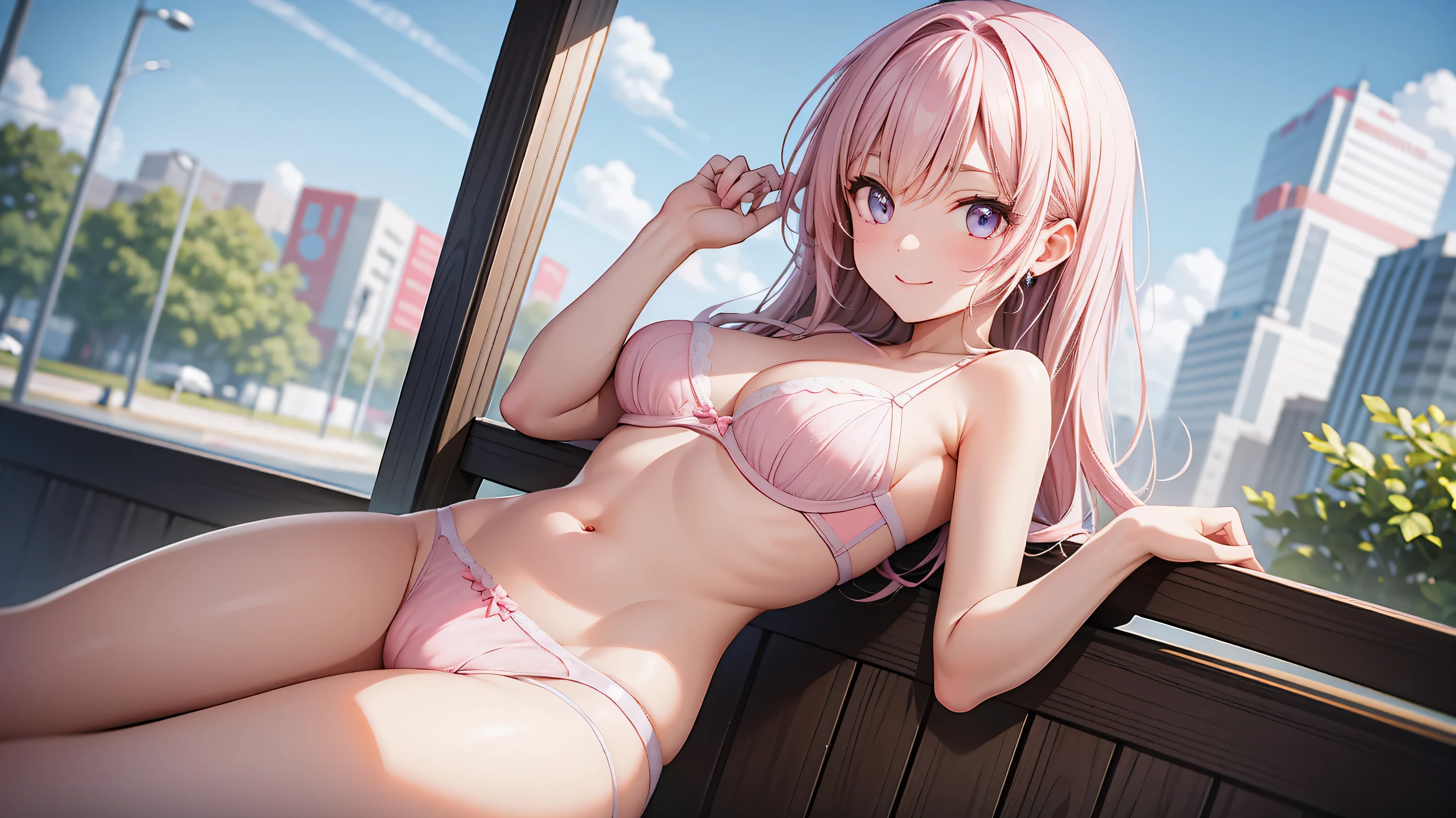 pieces fly、highest quality、High resolution、nffsw、perfect pixel、1 girl、cute、beautiful eyelashes, realistic eyes、smile、((Stylish white and pink bra))、((Stylish white and pink panties))、wearing only underwear、smooth texture:0.75、outdoor blue sky、I can see your pants、Bra visible、Overall bright