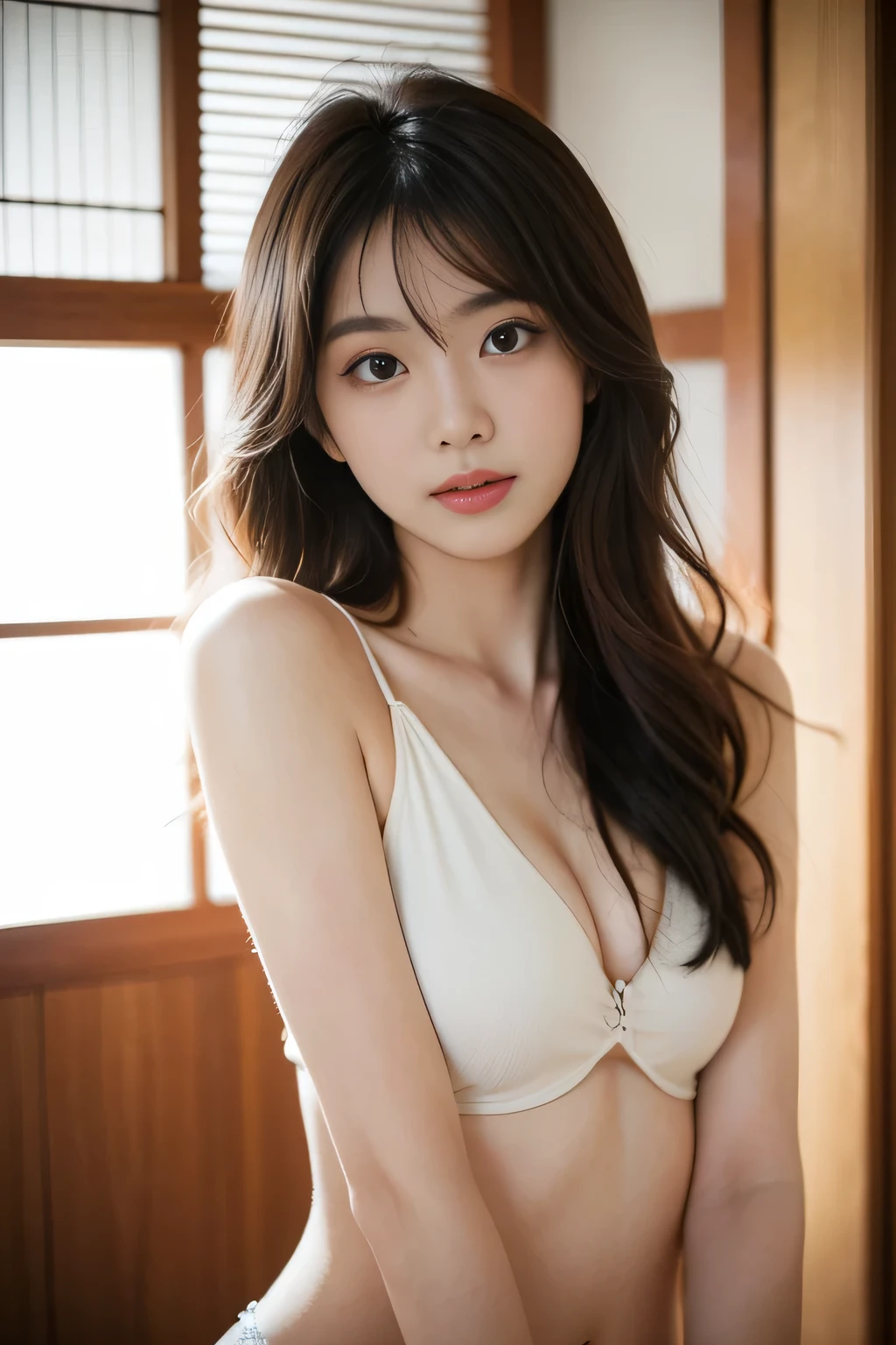Ultra-detailed 8K portrait of a Japanese gravure model with shoulder-length wavy hair and striking hazel eyes. she gives a playful, enticing look towards the camera, indoors, plain background