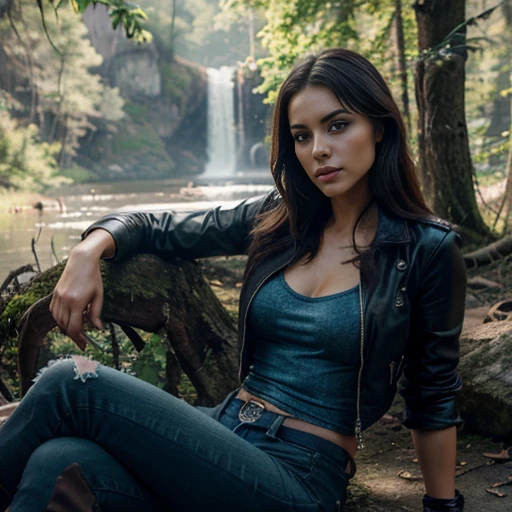 Stunning young woman, (italian:0.3, Celtic:0.3, Romanian:0.4), beautiful girl, 25 years old, survivalist, warrior, in the woods by a lake, rocks, mountains, denim, jeans | leather pants, t-shirt | tank top, jacket, hiking boots, perfect body, futuristic, post apocalyptic, The 100, seductive grin, smokey eye shadow, seductive eyes, smokey makeup, wild dark hair, ((masterpiece)), ((best quality)), (((photo Realistic))), extremely detailed cg 8k wallpaper, bright colors, Dramatic light, dynamic angle, stunning, windy, high detail hair,(highly detailed eyes), (highly detailed facial features), lifelike texture, slender body, toned body, perfect face, slim athletic body, (perky small breasts:0. 75), (cold attitude, eyeshadow, eyeliner:1. 6), retro fantasy, hyper-realistic, amazing fine detail, rich colors, realistic texture, vignette, moody, dark, epic, gorgeous, film grain, grainy, beautiful lighting, rim lighting, magical, shallow depth of field, photography, neo noir, volumetric lighting, Ultra HD, raytracing, studio quality