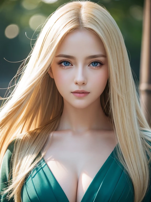 masutepiece, Best Quality, Photorealsitic, Ultra-detailed, finely detail, hight resolution, 8k wallpaper, RAW color photo, Professional, high level of detail, Beautiful blonde woman. Super Long Straight Silky Blonde Hair、Hair fluttering between the eyes、foco nítido, awardwinning photo, (Emerald green dress), (cleavage of the breast), (Facing the front), (Look at viewers), Small light, Low contrast, Facial symmetry, depth of fields, Cinematic background, central image, Lights up softly, (finely detailed skin), pale skin, Big beautiful pale blue eyes、Gloss Face、Teak Gloss、Realistic skin texture, Extreme skin details、Small face beauty、Round face、The most beautiful girl in the world、tsunade((naruto)) 