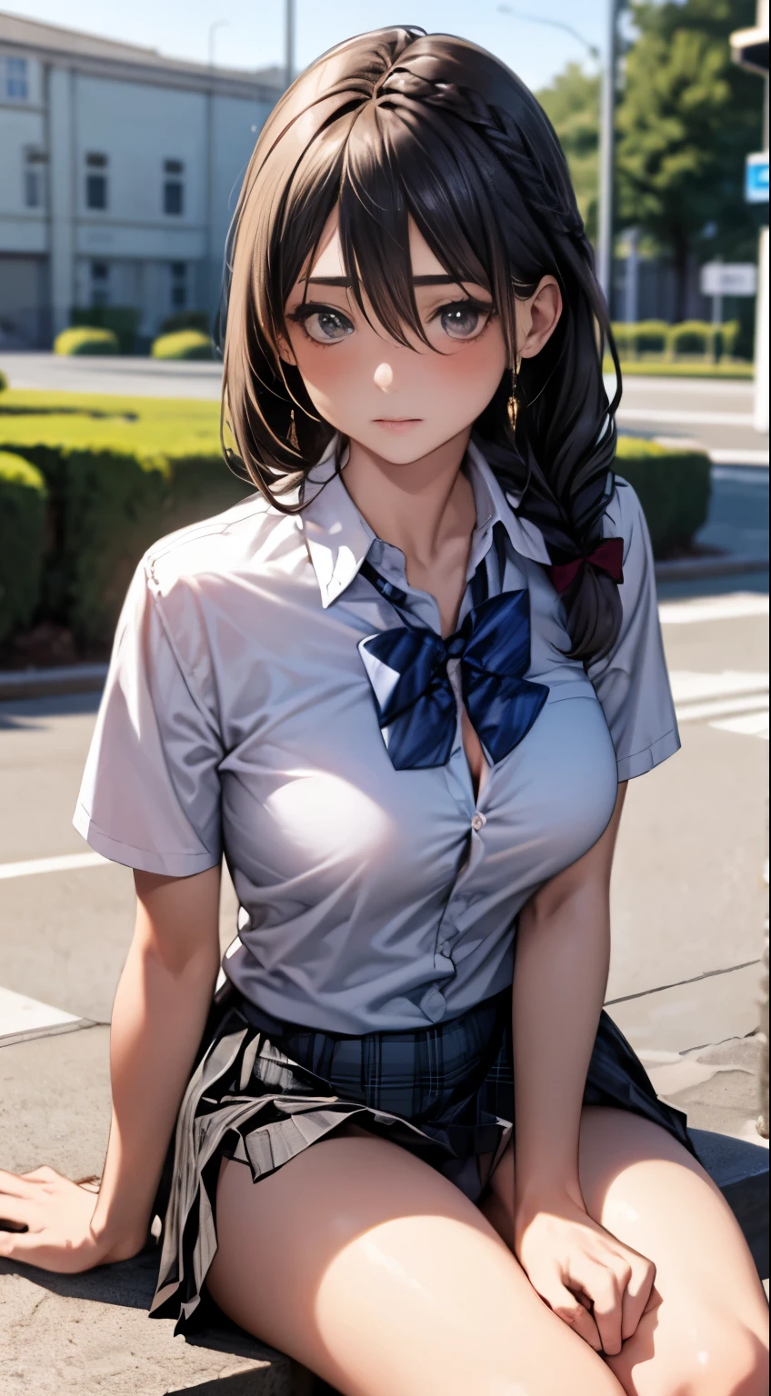 (masterpiece:1.2, highest quality), (realistic, photorealistic:1.4), beautiful illustrations, 
looking at the viewer, whole body, Front view:0.6, 
1 girl, Japanese, high School girl, (long hair:1.5), blown hair, (braided hair:1.5), bangs, hair between eyes, big breasts:0.8, 
beautiful hair, beautiful face, beautiful and detailed eyes, beautiful clavicle, beautiful body, beautiful breasts, beautiful thighs, beautiful feet, beautiful fingers, 
(beautiful scenery), , School,
((Short sleeve shirt with collar, white shirt, School uniform, Grey plaid pleated skirt, Blue plaid bow tie)), white panties, 
(Are standing, , lift the skirt, Grab the hem of the skirt, put your hand on your chest, hand between legs), 
blush, ,