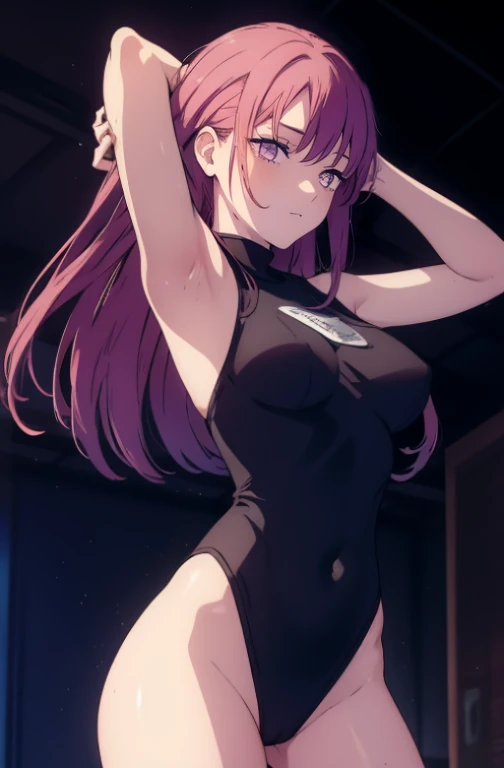 ((((Obra maestra, La mejor calidad, ultrahigh resolution)))), perfect anatomy, 1girl, long hair, red, orange eyes, naked, visible breast, pink nipples, exposed breast, exposed genitals, pink vagina, navel, cameltoes, arms up, armpits, arms behind back, sexy pose