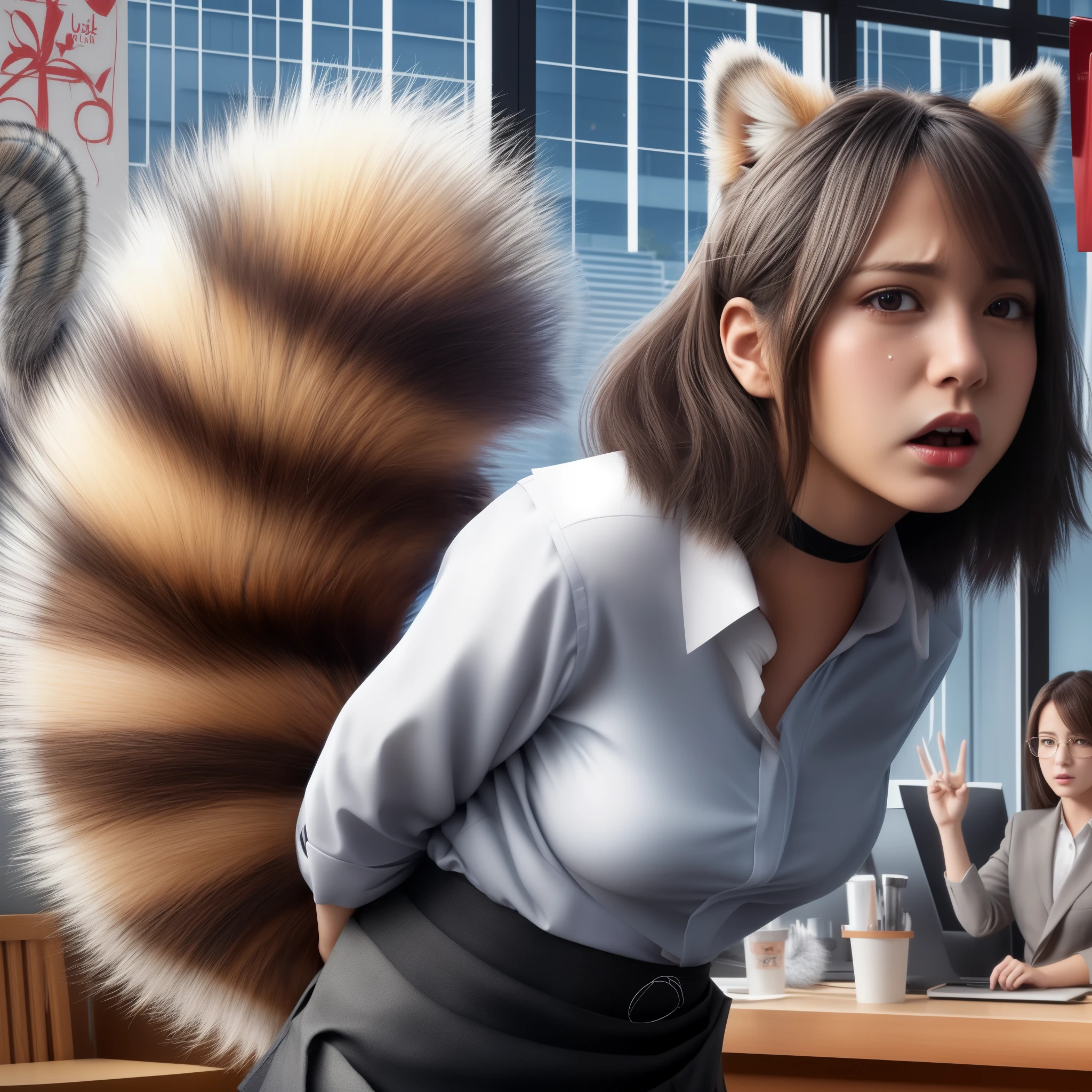 A woman with a fox tail sitting in front of a laptop, alex gross, fox girl, beautiful fox woman, inspired by Koson Ohara, fox and bush, Kitsune, Super realistic, by Kanō Naizen, Red Panda in Propaganda Poster, Kitsune- tailed fox, photograph, highest quality