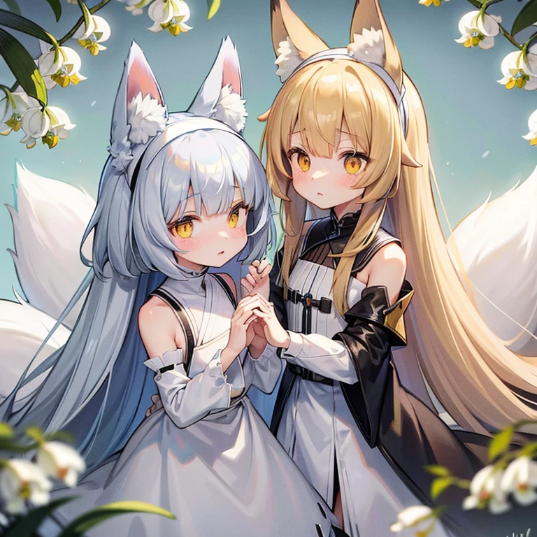 masterpiece, highest quality,arknights,lily of the valley,lily of the valley（arknights）,small,furry ears,Big fox ears,Nine Tails,pale blonde hair,Light blue headband,Mitsuami,yellow eyes,calm face,Completely naked