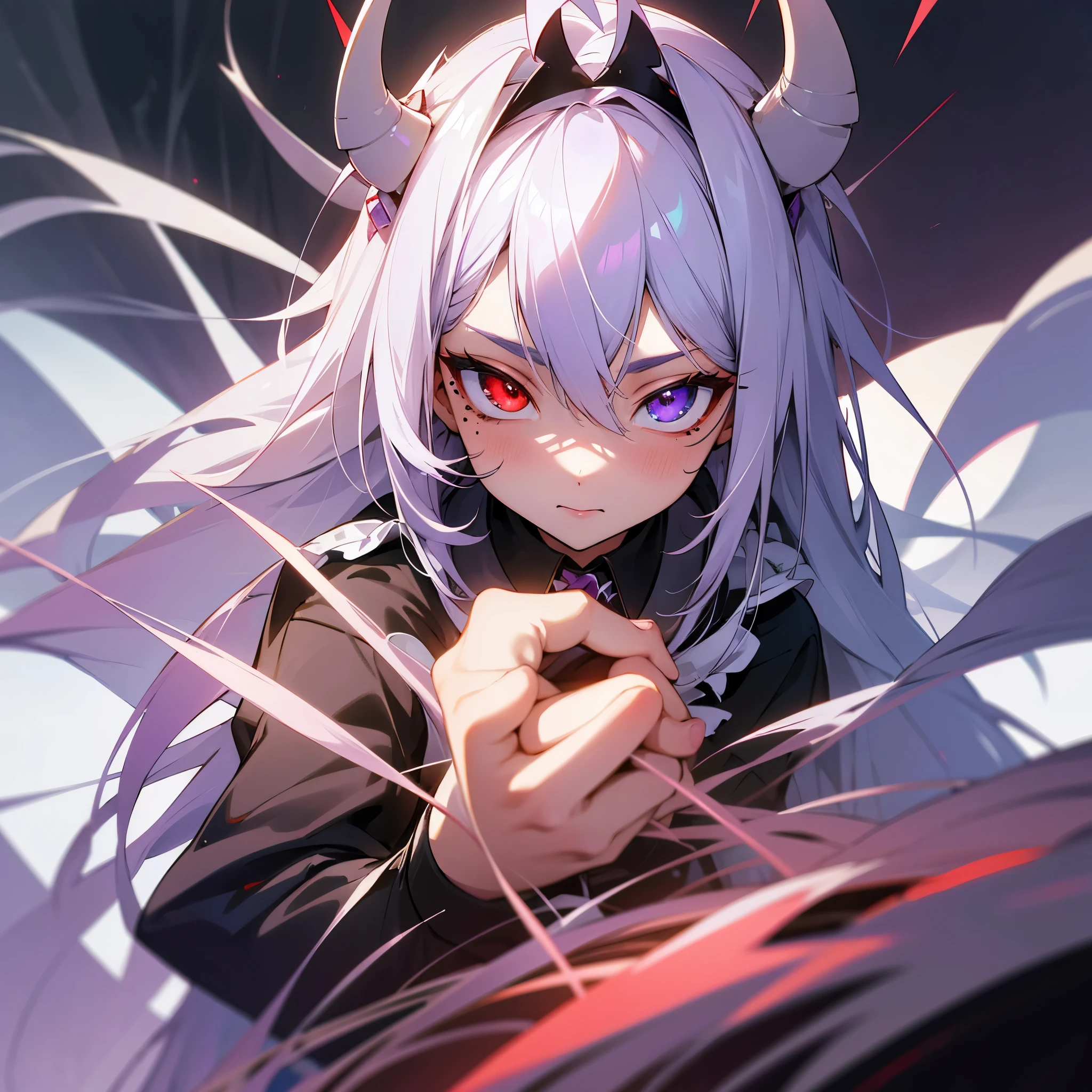 silver hair, ahoge, hair spread out, maid headdress, mole under eye, devil pupils, heterochromia, red eyes, purple eyes, Surrealism, ray tracing, stereogram, f/2.8, textured skin, UHD, masterpiece, anatomically correct, ccurate, retina, high details, high quality, award winning, best quality, highres, 16k, super detail