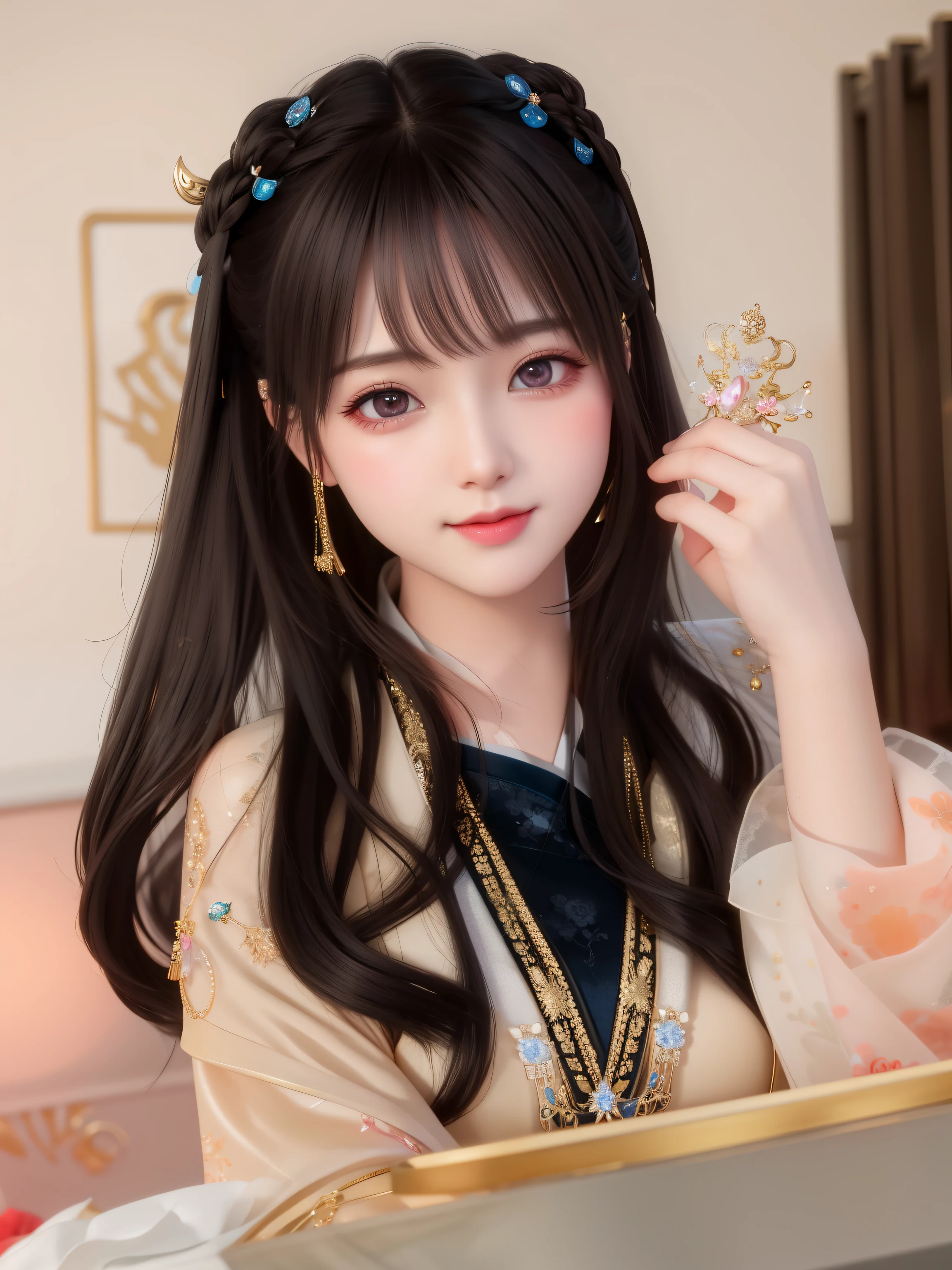best quality, masterpiece, highres, 1girl,blush,(seductive smile:0.8),star-shaped pupils,sexy china hanfu, princess, very luxury, hair ornament,necklace, jewelry,Beautiful face,upon_body, tyndall effect,photorealistic, dark studio, rim lighting, two tone lighting,(high detailed skin:1.2), 8k uhd, dslr, soft lighting, high quality, volumetric lighting, candid, Photograph, high resolution, 4k, 8k, Bokeh