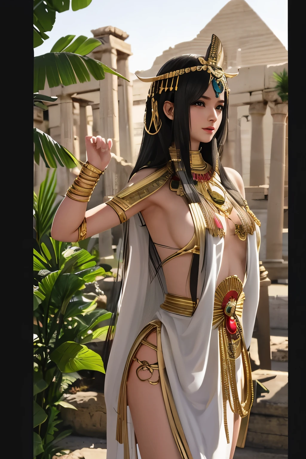 Close up portrait of woman in dress and headpiece posing, android girl in Egyptian ruins, anime goddess, ancient goddess, beautiful goddess, japanese goddess, Egyptian princess, beautiful cleopatra, ancient ruins behind her, beautiful fantasy empress, greek goddess, roman goddess, beautiful attractive anime woman, Egyptian, huge stunning goddess shot, seductive anime girl