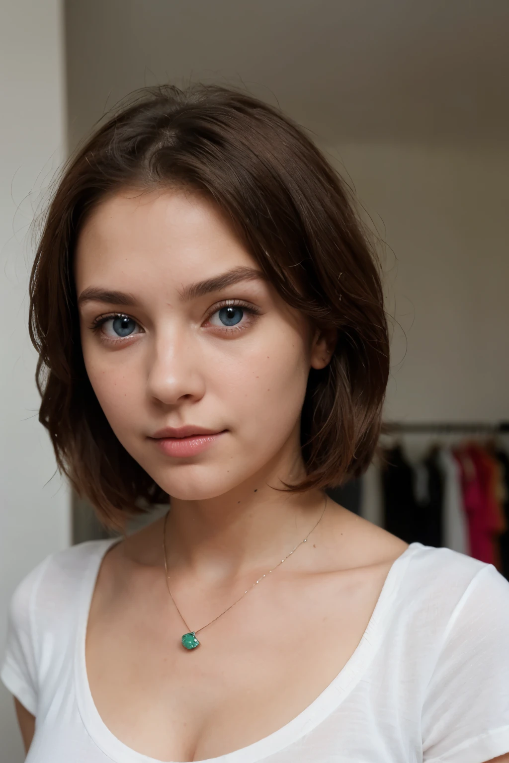 (Please generate an image of a young woman wearing a t shirt and a necklace. She has brown hair, big, blue eyes, and a subtle, natural makeup look. The selfie should show her without visible makeup, and she should be looking directly into the camera. The face should appear realistically natural. The full-body shot of this attractive woman should feature a striking pose, and she has piercing blue eyes. The girl has a sweet demeanor, and the pose should also be sweet. Please ensure that the entire body of the woman is visible in the image. The background should be clear and uncluttered. The details of the image should be of high quality(best quality)), ((masterpiece)), (detailed), perfect face