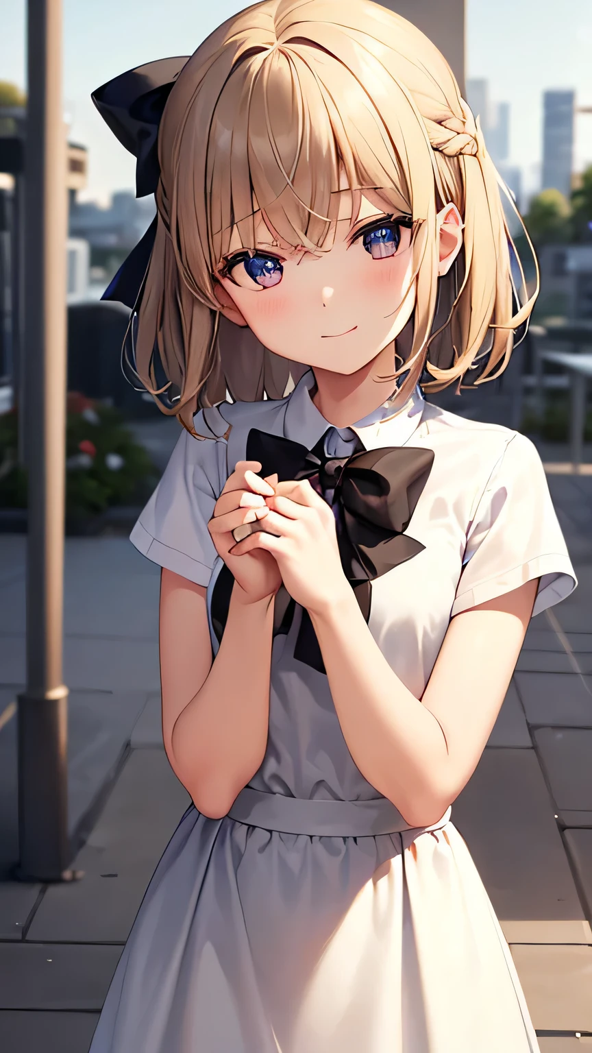 (very delicate and beautiful: 1.2), 1 girl, robber girl, bangs, cute eyes, bow, brown hair, closed mouth, Landscape, hair between eyes, hair bow, short sleeve, looking at the viewer, medium hair, alone, Upper body, school uniform: 1.3, ((alone)), (masterpiece), blonde、Poses with different movements、With a smile