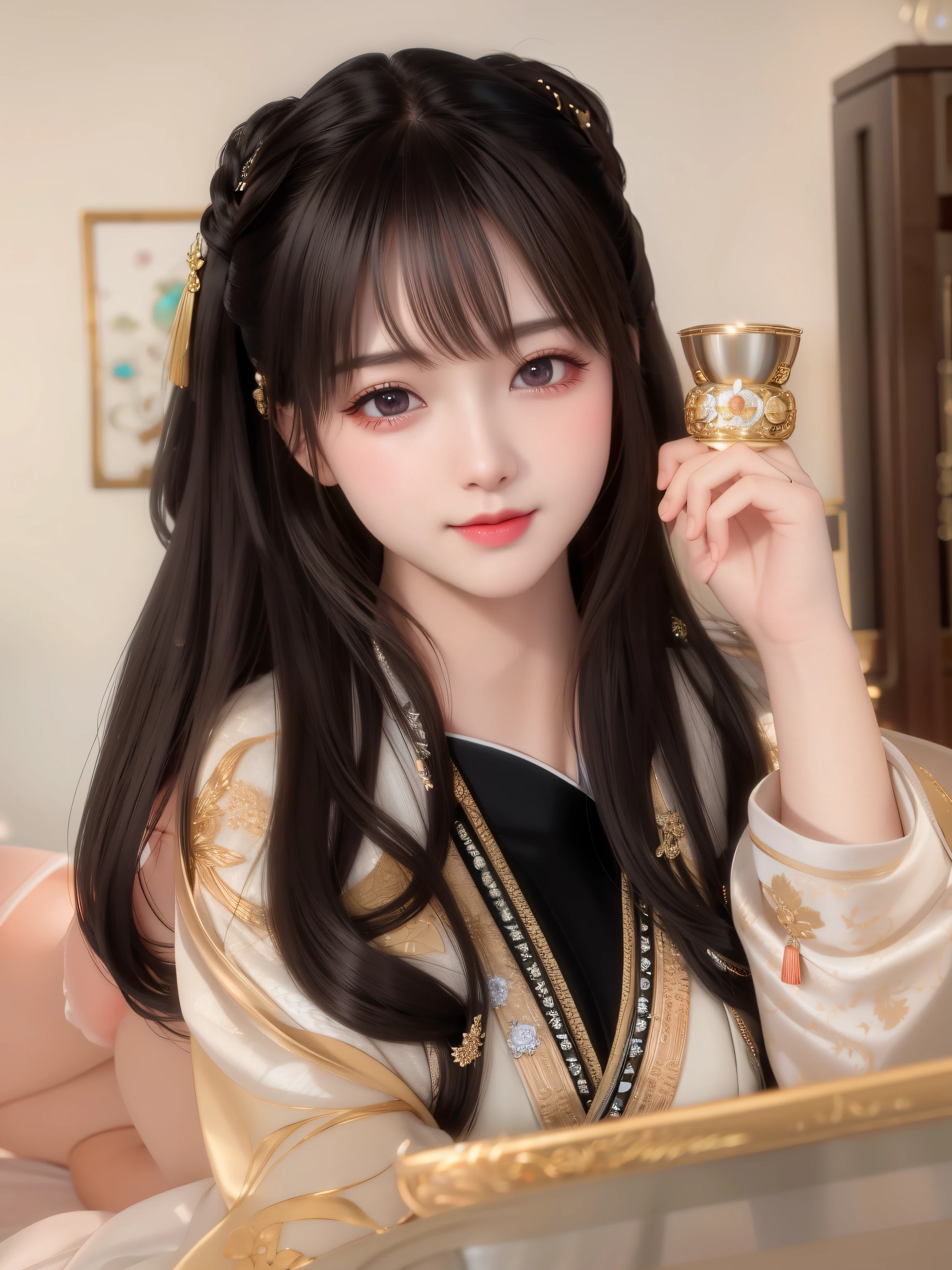 best quality, masterpiece, highres, 1girl,blush,(seductive smile:0.8),star-shaped pupils,sexy china hanfu, princess, very luxury, hair ornament,necklace, jewelry,Beautiful face,upon_body, tyndall effect,photorealistic, dark studio, rim lighting, two tone lighting,(high detailed skin:1.2), 8k uhd, dslr, soft lighting, high quality, volumetric lighting, candid, Photograph, high resolution, 4k, 8k, Bokeh