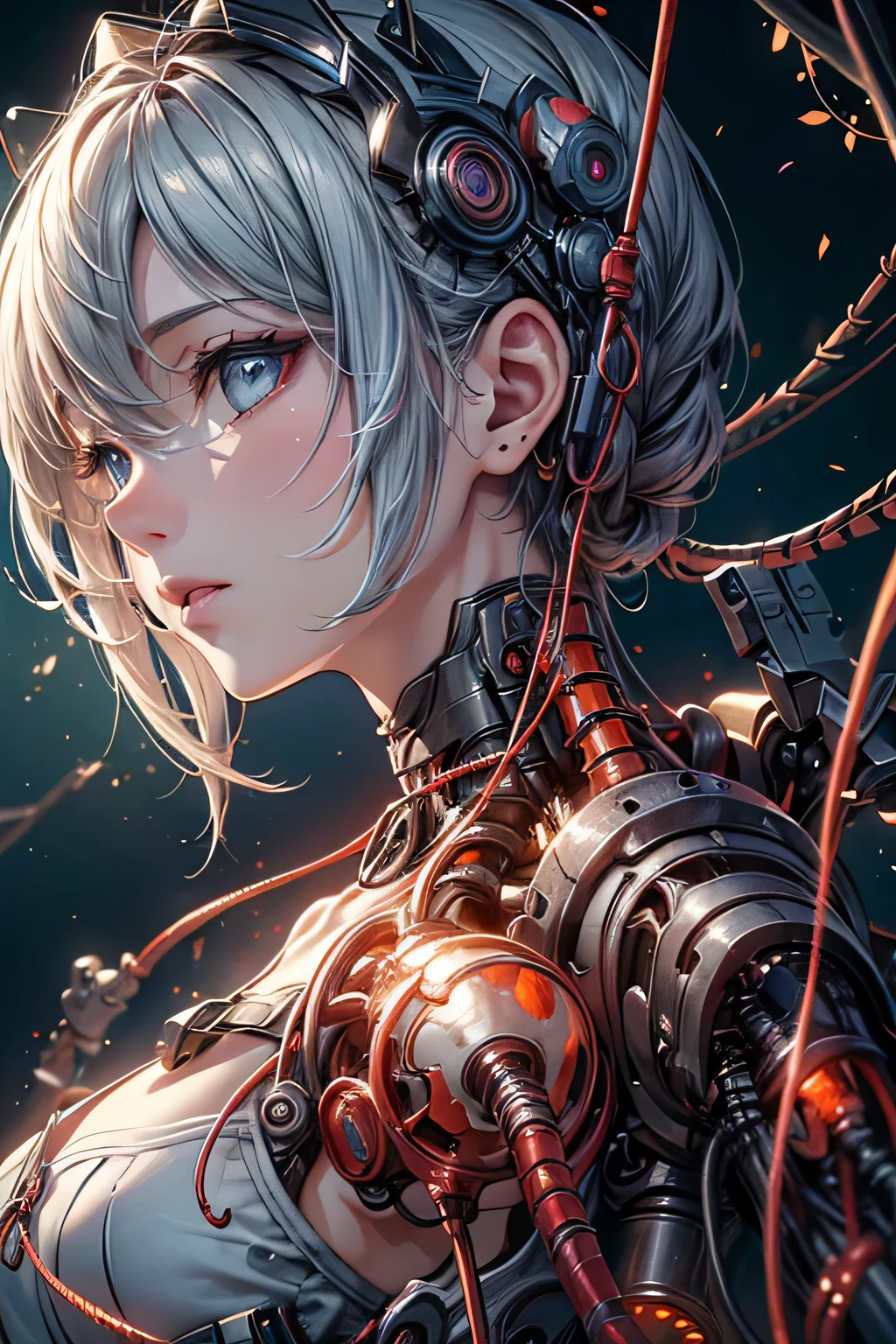 (((masterpiece))), (((highest quality))), ((Super detailed)), (very detailed CG illustration), ((very delicate and beautiful)),cinematic light,((1 female machine)),alone,big breasts,whole body,(Machine Made Joint:1.2),((Mechanical marginal blood vessels connected to the canal Mechanical vertebrae attached to the back),((Mechanical cervical vertebrae attached to the neck)),(sitting),Expressionless,(Wires and cables connected to the neck:1.2),(head wire and cable:1.2)(character focus),SF,very detailed,colorful,most detailed, very detailed, vivid appearance, creative action, very detailed, Imaginative, sensual, voluntary, highest quality, skin texture, intricate details, (cinematic lighting), RAW photo, 8K, masterpiece,highest quality,Super detailed,very detailedイラスト,very detailed,intricate details,High resolution,超intricate details,very detailed 8K cg wallpaper,