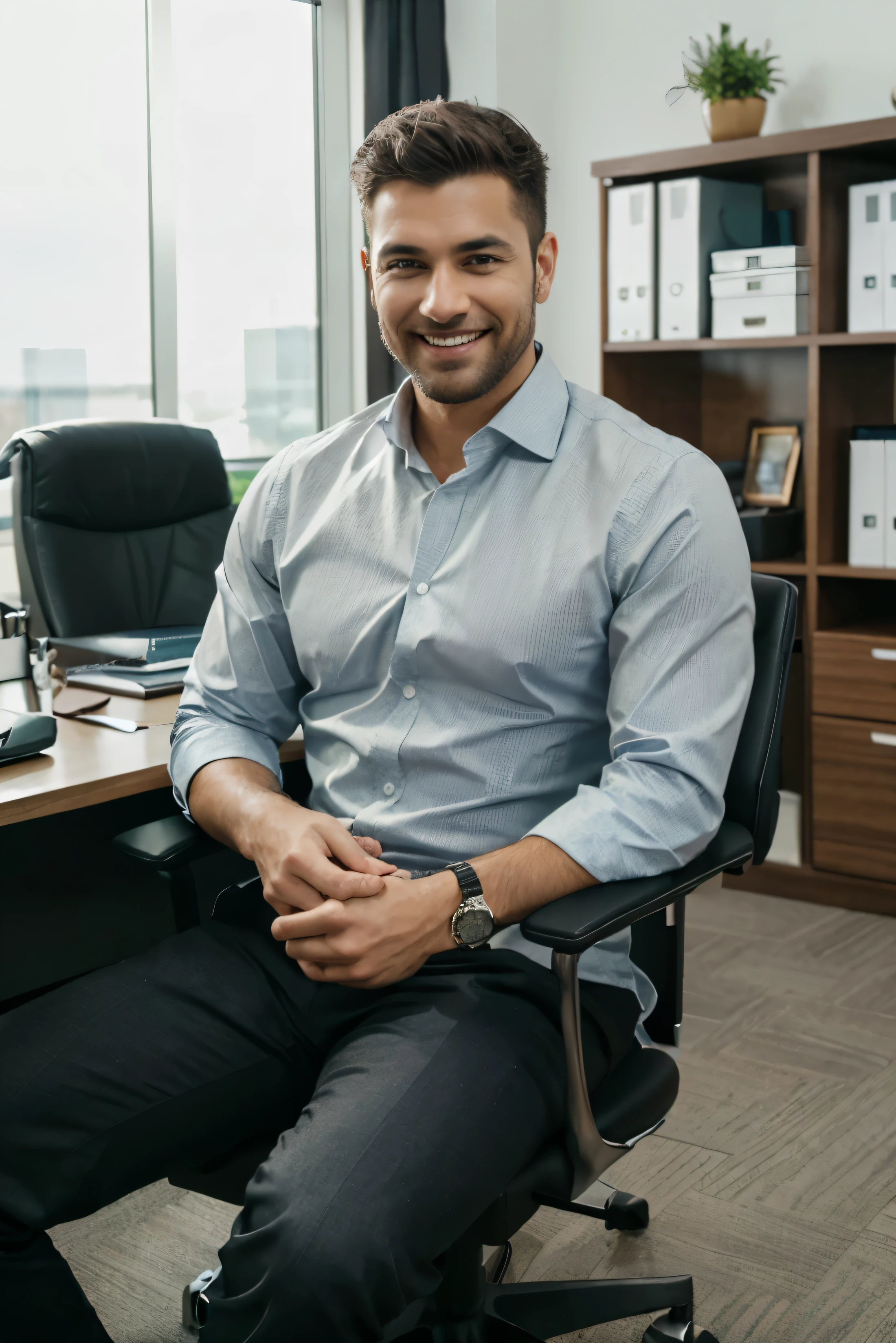 highly detailed photo, sharp details, realistic, 4K, RAW photo, man is smilling, businessman, formal attire, sitting, office chair, workplace, professional setting, executive, indoors, corporate environment, businessperson