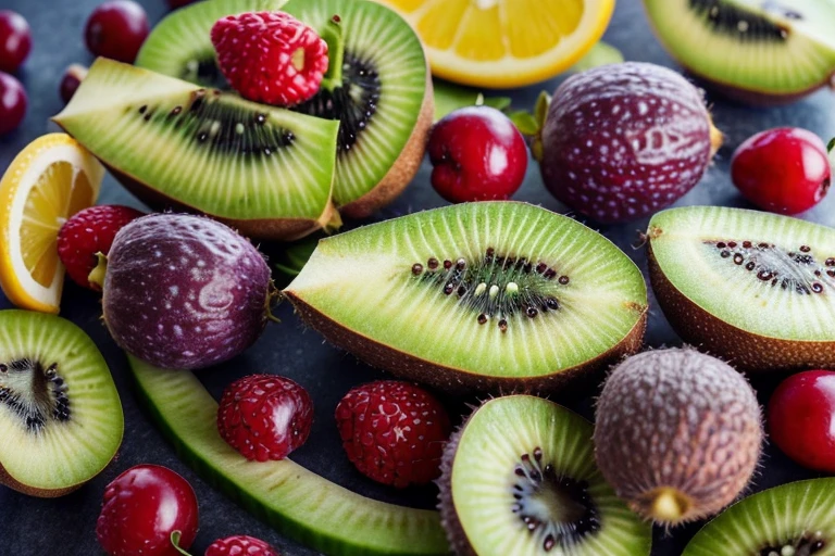 Uma vibrante salada de frutas com kiwi, morango, laranja, e uva: illustration, high resolution, ultra-detalhado, vivid colors, Bokeh, photorealistic lighting, frutas suculentas, Refreshing summer colors.