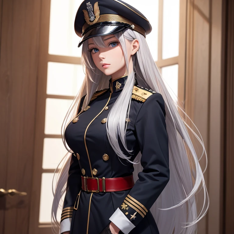 （masterpiece,8K）A long shot of a beautiful girl with long silver hair and large bust standing in military uniform.