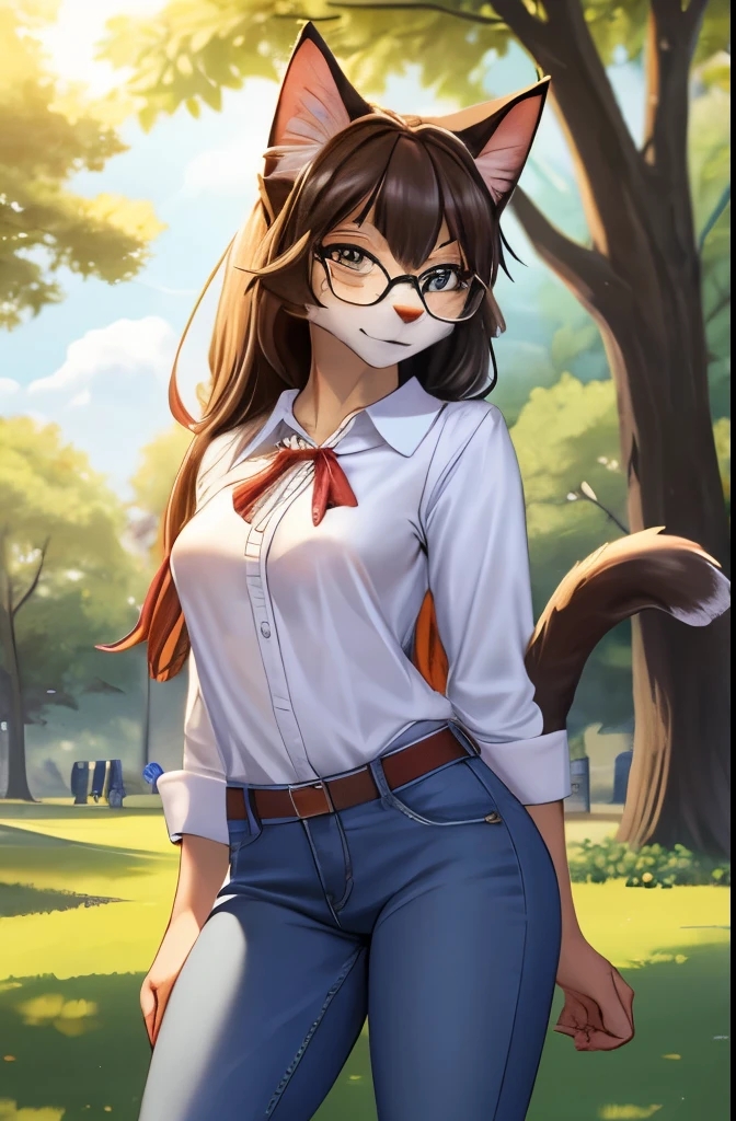 furry, solo, best quality, masterpiece, HDR, female cat, in a park, shortstack, wearing blouse and jeans, slim body, nerdy
