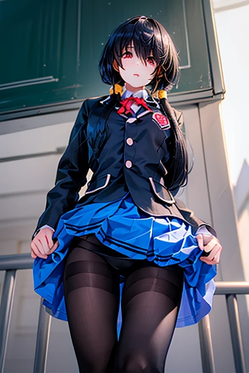 high school girl、uniform、mini skirt、（black stockings）、Panty shot、The cloth digs into my crotch、Perspective from the ground up、Composition looking up、Vibrant skin、beautiful hair、black hair、long straight hair、