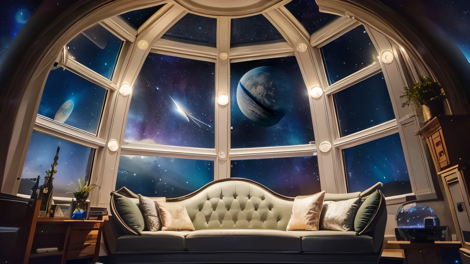 arafed view of a room with a couch and a window, beautiful space, space seen outside from a window, set in observatory at night, window into space behind them, moonlit starry sky environment, interior background art, galaxy themed room, fantasy space, giant glass dome in space, fantastic space, night time with starry sky, dreamy atmosphere