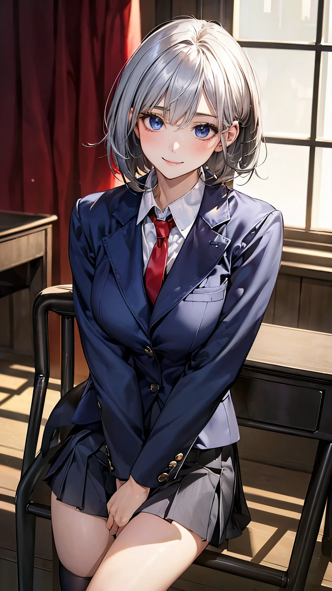 (masterpiece:1.2, top-quality), (realistic, photorealistic:1.4), beautiful illustration, (natural side lighting, movie lighting), nsfw,
looking at viewer, cowboy shot, front view:0.6, 1 girl, japanese, high school girl, perfect face, cute and symmetrical face, shiny skin,
(short hair:1.2, bob cut:1.2, silver hair), hair between eyes, blue eyes, long eye lasher, (large breasts:0.7, thick thighs),
beautiful hair, beautiful face, beautiful detailed eyes, beautiful clavicle, beautiful body, beautiful chest, beautiful thigh, beautiful legs, beautiful fingers,
(((navy jacket), white collared shirts, grey pleated mini skirt, black socks, black loafers, red tie)),
(beautiful scenery), evening, classroom, desks, chairs, curtains, sitting chair, hands on mouth, (lovely smile, head tilt),