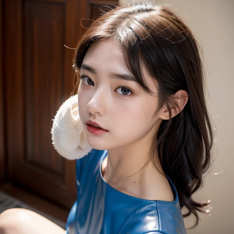 (alone), (Detailed full body RAW photo of girl), (masterpiece:1.0), (highest quality:1.4), (ultra high resolution:1.2), 8K resolution, Super detailed,bright lighting, detailed face,detailed eye, Japanese,lean body shape,fine skin texture, (slim and fit body:1.6), black curly hair,A cute face like a small animal, cute face,Big eyes,thick eyebrows, blue thin lips,well-developed abdomen,big mouth.realistic skin, (blue leather dress with pleated skirt ) , I'm in a toilet with pink tile walls.,