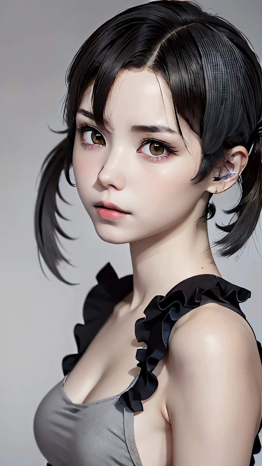 ((wallpaper 8k)), ((surreal)), ((Quality with attention to detail:1.2)), 1 girl, １４talent、kind eyes、plump lips、Ash gray hair、An ennui look、(((small breasts、small breasts)))、black classy dress,Black capelet, look up, Widespread poverty, (((short cut hair、short hair twintails、Ash gray hair:1.5)))、white skin