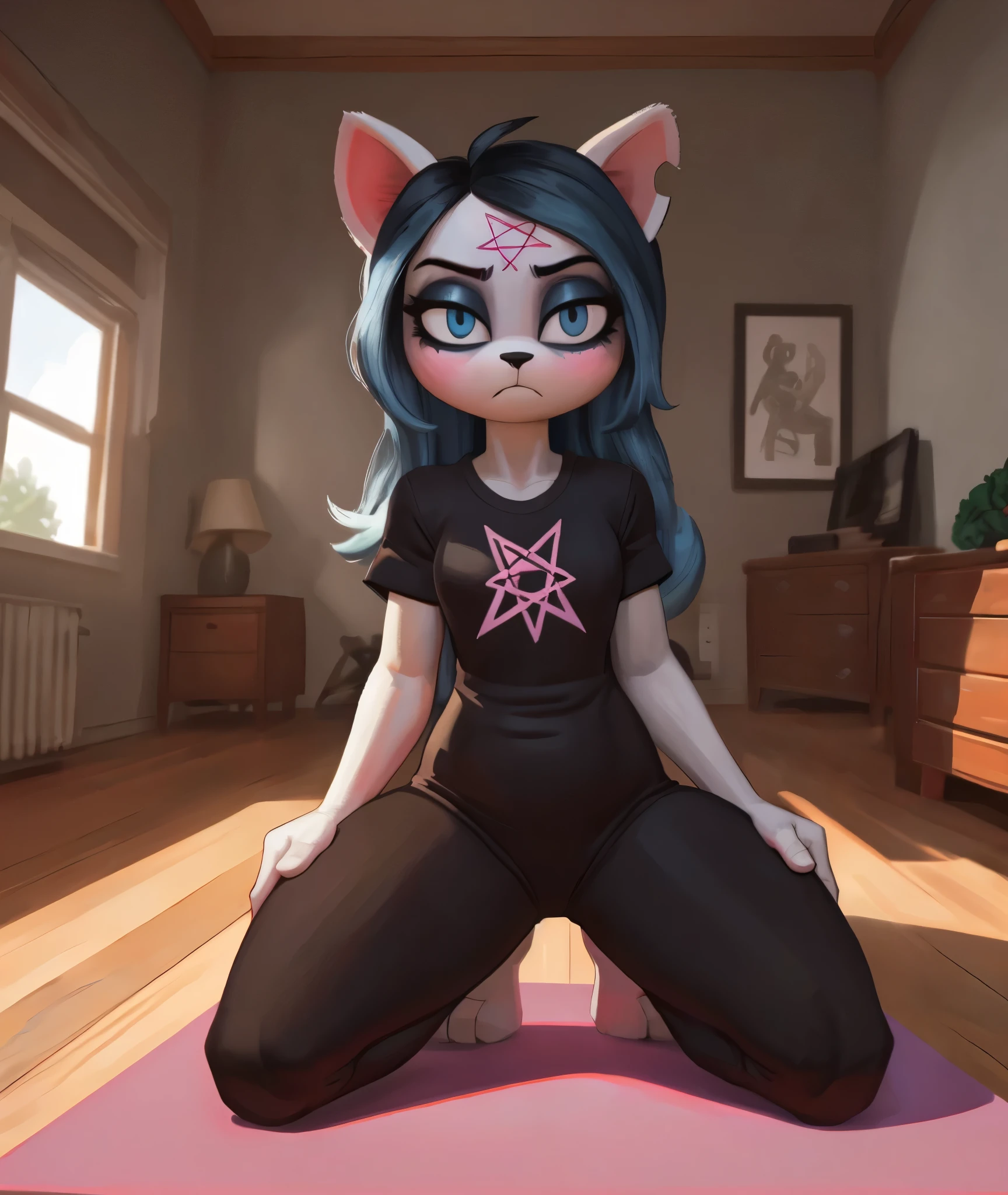 [Claire], [the summoning], [Uploaded to e621.net; (Pixelsketcher), (wamudraws)], ((masterpiece)), ((HD)), ((high res)), ((solo portrait)), ((full body)), ((front view)), ((feet visible)), ((furry; anthro)), ((detailed fur)), ((detailed soft shading)), ((beautiful render art)), {anthro; (slim figure), white fur, black nose, (cat ears), (cut on left ear), long blue hair, (bang over left eye), (pink pentagram on forehead), (cute blue eyes), (short eyelashes), (indigo eyeshadow), (curvy hips), (beautiful legs), (beautiful feet), (humanoid feet), (blushing), (annoyed expression)}, {(short sleeve black tee shirt), (blue yoga pants)}, {(on yoga mat), (kneeling), (looking at viewer)}, [background; (living room), (window), (blue sky), (sun rays), (ambient lighting)]