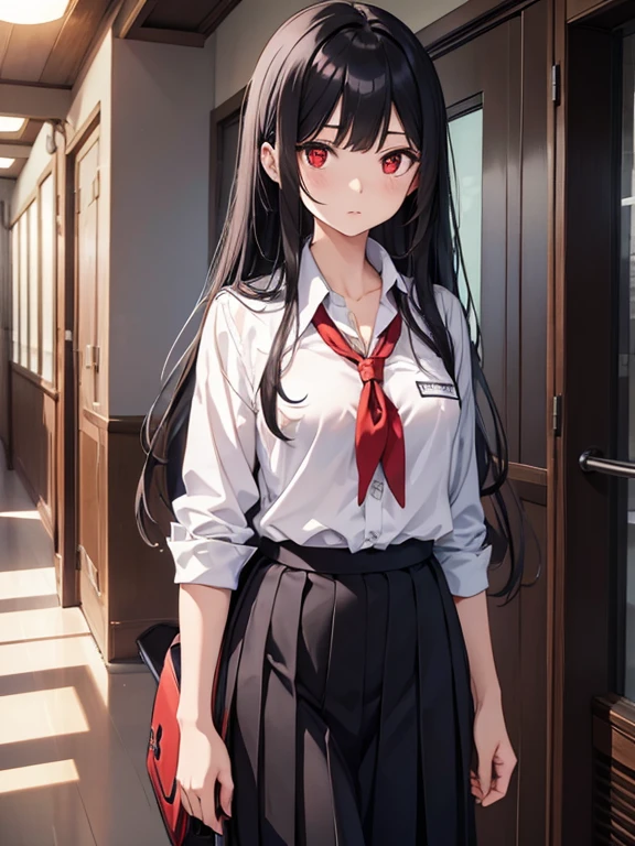 A girl wearing school uniform japanse style, black long hair goes through waist, with Red eyes, calm expressions, background school hallway