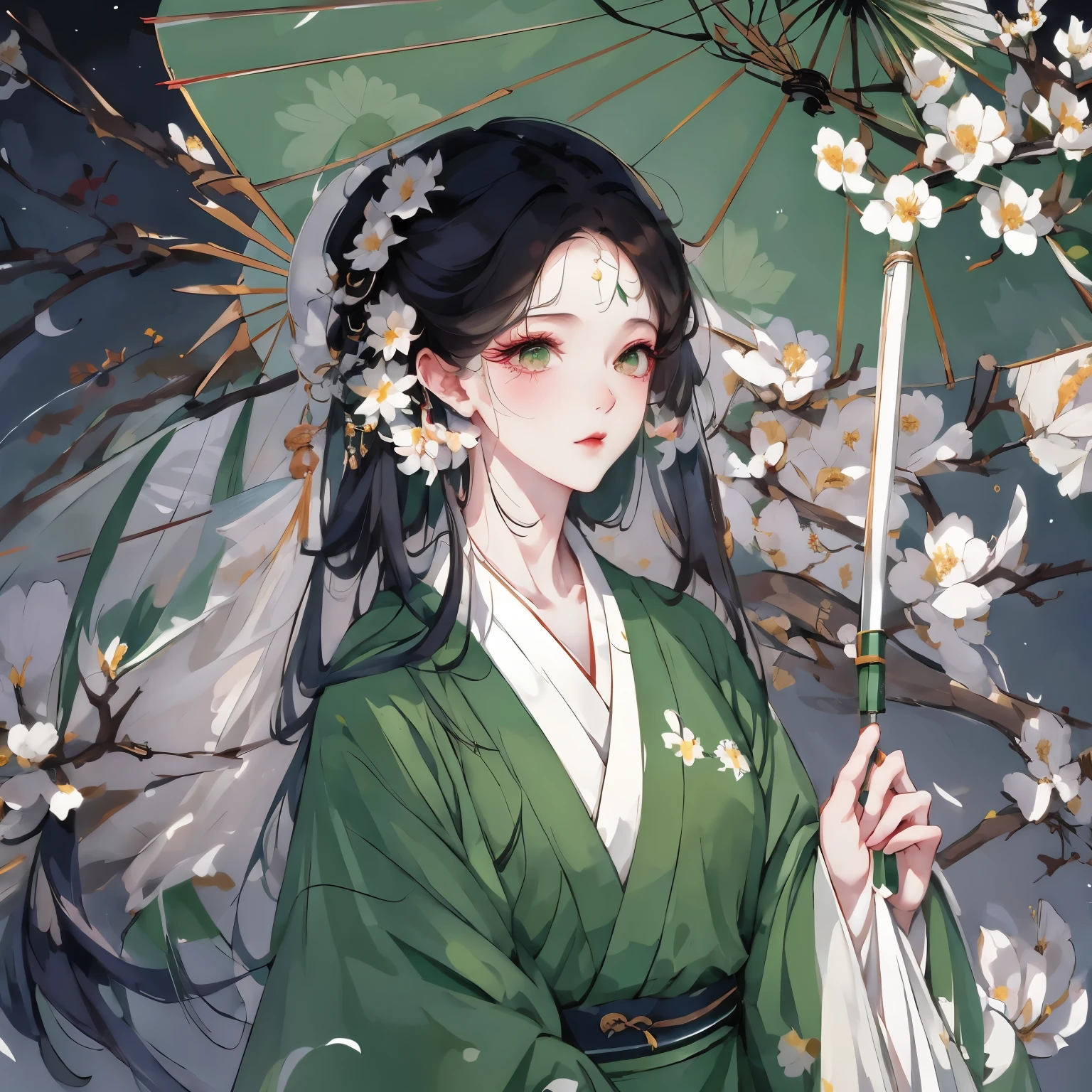 anime girl in green kimono with green umbrella and white flowers, palace , a girl in hanfu, inspired by Ma Yuanyu, hanfu, 中 元 节, ☁🌪🌙👩🏾, beautiful character painting, inspired by Guan Daosheng, inspired by Huang Ji, artwork in the style of guweiz, full body xianxia