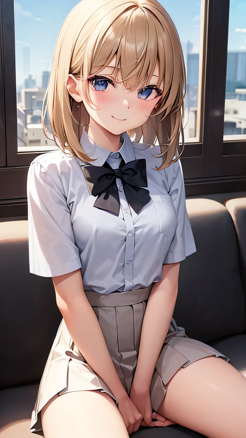(very delicate and beautiful: 1.2), 1 girl, robber girl, bangs, cute eyes, bow, brown hair, closed mouth, Landscape, hair between eyes, hair bow, short sleeve, looking at the viewer, medium hair, alone, Upper body, school uniform: 1.3, ((alone)), (masterpiece), blonde、Poses with different movements、With a smile、sit and open your legs