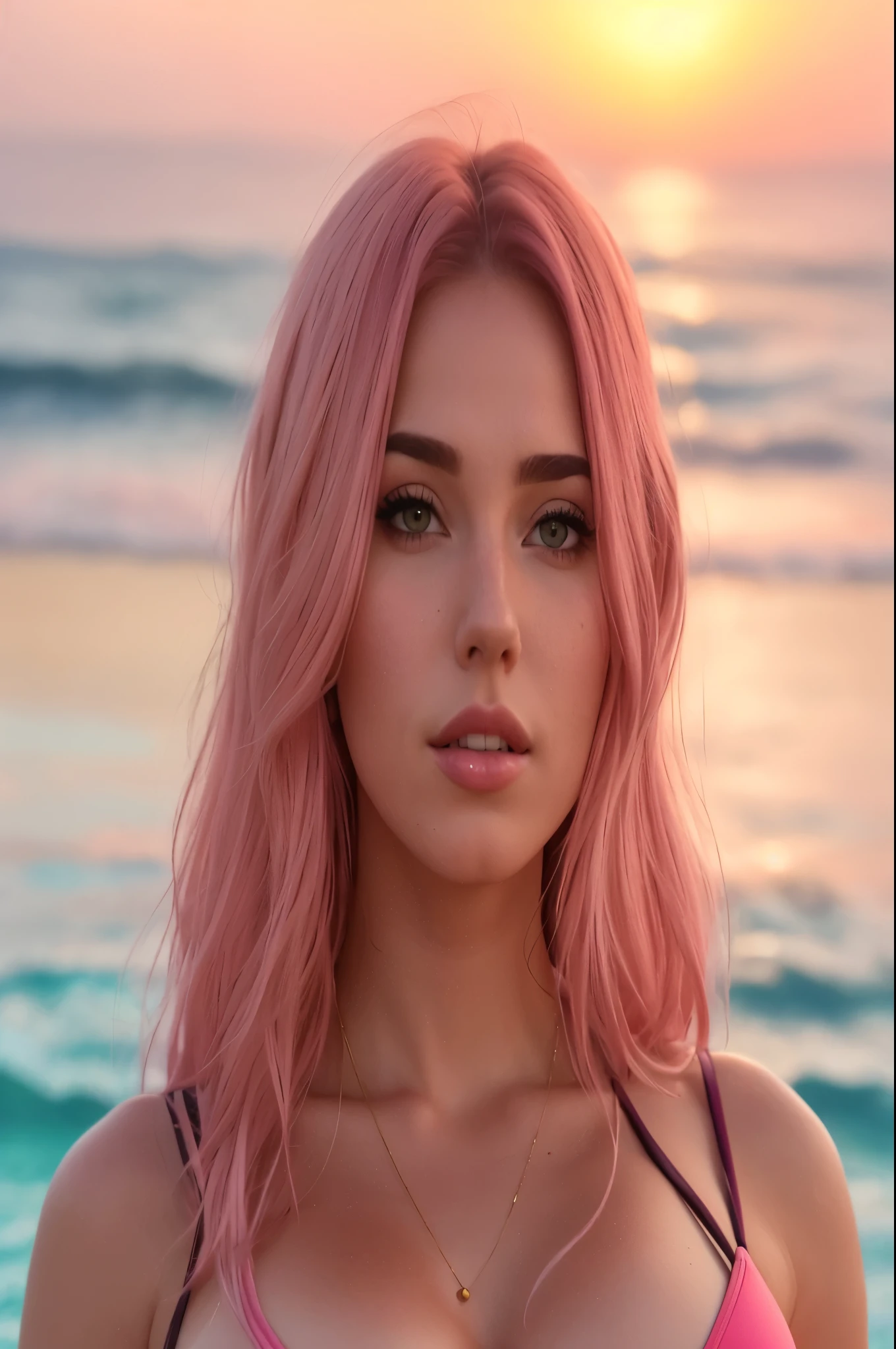 A close-up image of a beautiful 25-year-old girl with pastel-colored hair and captivating eyes, exuding sex appeal. The photograph, taken with a DSLR camera, showcases the intricacies of her textured skin in 8k and 4K ultra-realistic detail. The sun casts a warm glow on her face, as she looks off into the clear blue sky with a youthful and playful expression. Her natural beauty shines through every pore, accentuated by the dynamic angle that highlights her ample cleavage. The scene is an elegant and sharp focus on the essence of youthful femininity, set against the backdrop of nature.