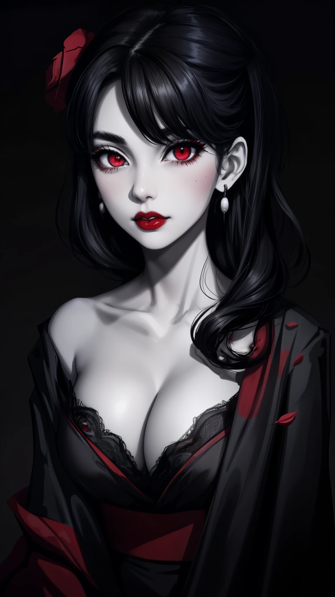 DigiArt Style, 1girl, solo, looking at viewer, black hair, monochrome, greyscale, earrings, red lips, BREAK, large snoopy breast,deep red eyes, petals, eyelashes, , makeup,, portrait,, black kimono, cleavage , dark fantasy, dark colors, beautiful,,