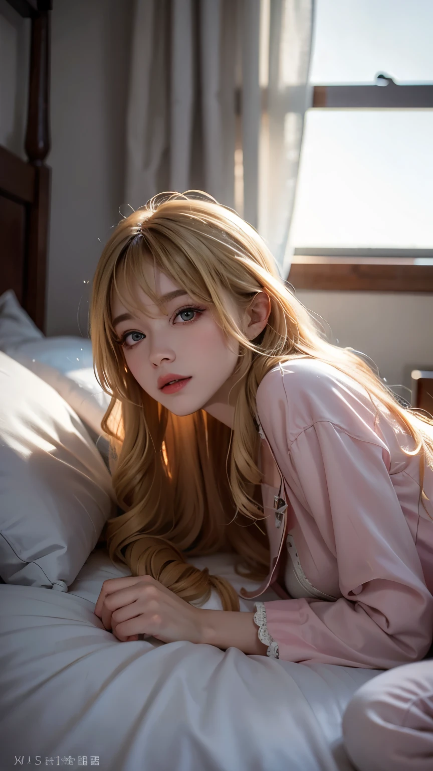 a girl, pajamas, in the room, Lying in bed, long hair, fit, window, blonde, long hair, curls, 粉色pajamas，sleepy expression，Want sleep，light, Ray tracing, Backlighting, modern, 8K, precise, masterpiece,high detail、high quality