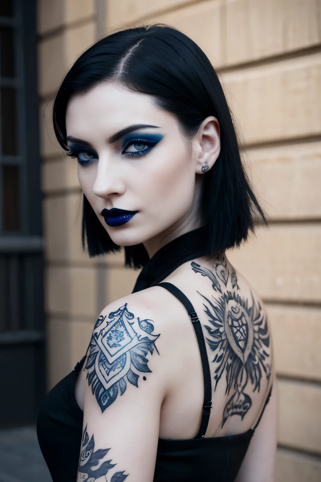 female, black hair, blue eyes, pale skin, black lipstick, black nail polish, tattoos
