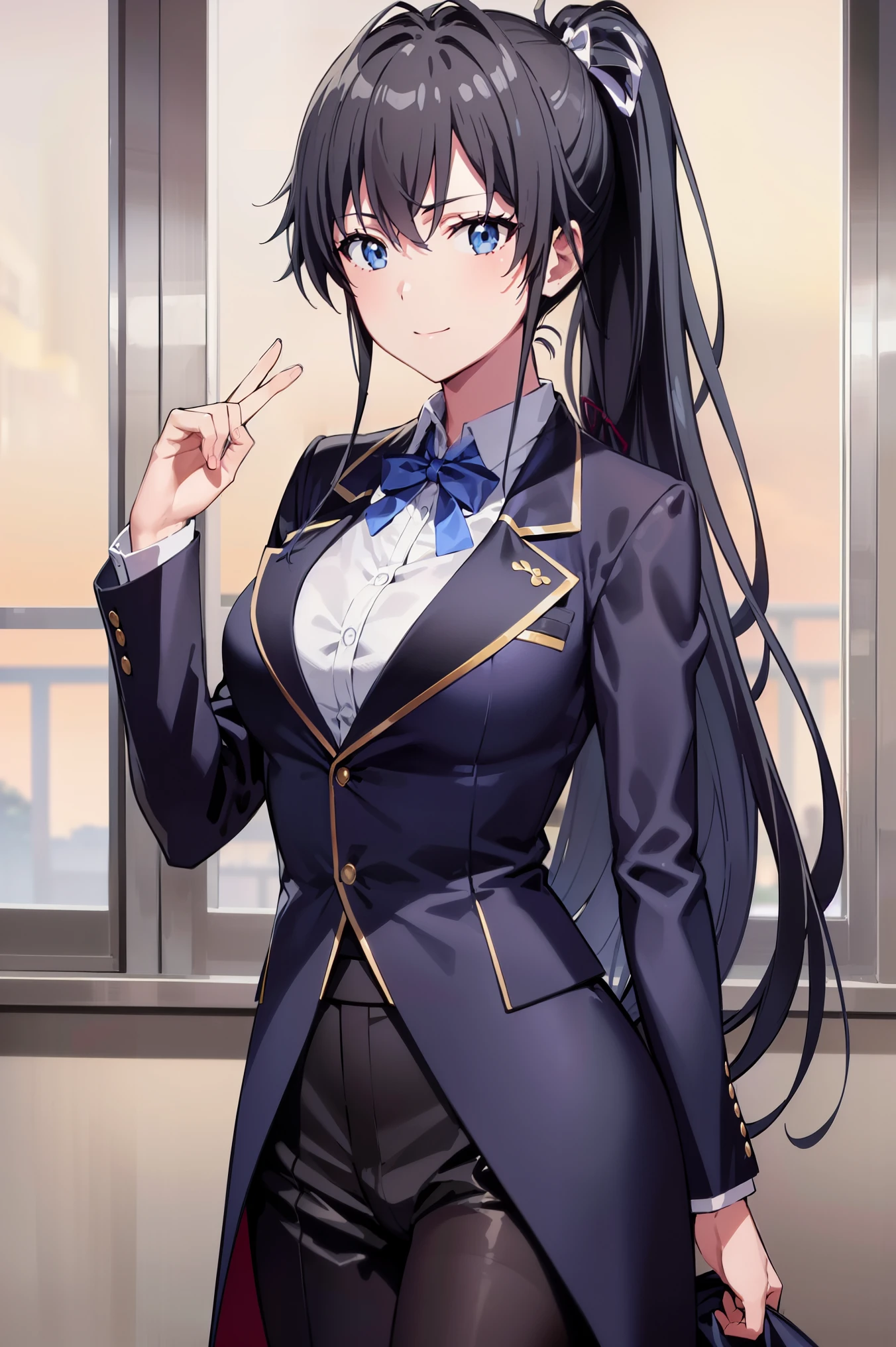 ((best quality)), ((masterpiece)), (detailed) 1girl 1girl, ;\), blurry, blurry_background, breasts, , hair_ponytail ribbon, looking_at_viewer, ok_sign, one_eye_closed, open_hand, Yukinoshita Yukino ,Woman wearing formal clothes, An attractive coat stands in a large gap in the room , 1girl, 独奏, blue necktie, Black hair, eyes blue, long hair, smile , collared shirt, white pants, white shirt , Elegantly designed coat , Stand in front of a window ,Perfectly tailored tailcoat. It has a stunning Victorian design and is made of lustrous fabric