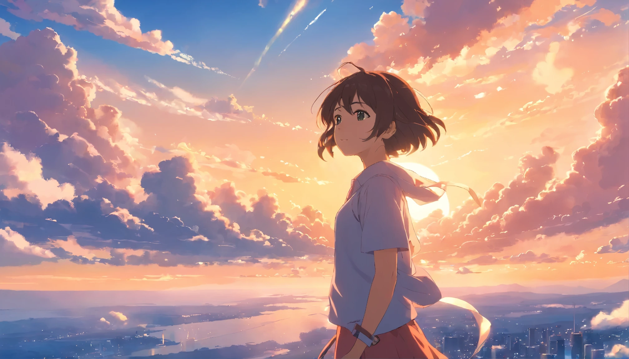 masterpiece, best quality, movie still, 1girl, cloud girl, floating in the sky, close-up, bright, happy, warm soft lighting, sunset, (sparks:0.7)