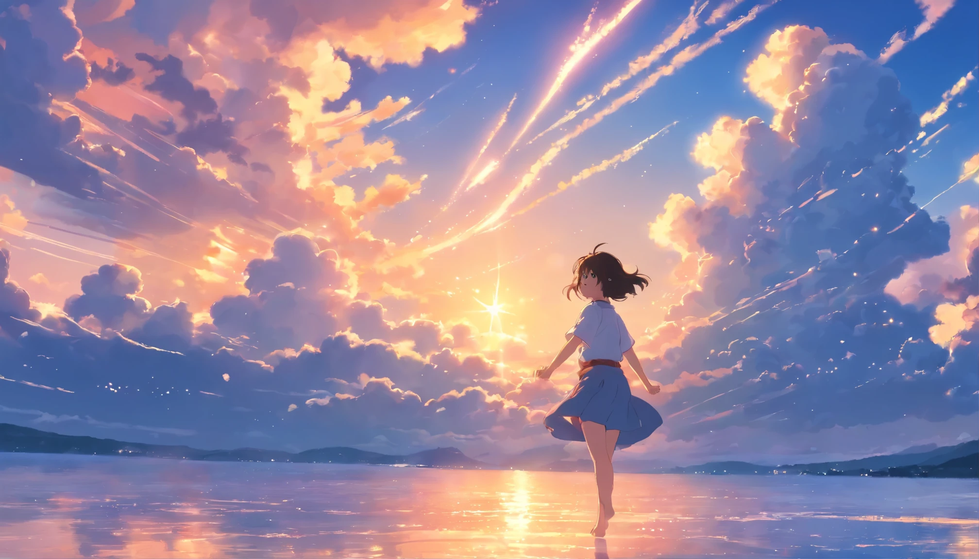 masterpiece, best quality, movie still, 1girl, cloud girl, floating in the sky, close-up, bright, happy, warm soft lighting, sunset, (sparks:0.7)