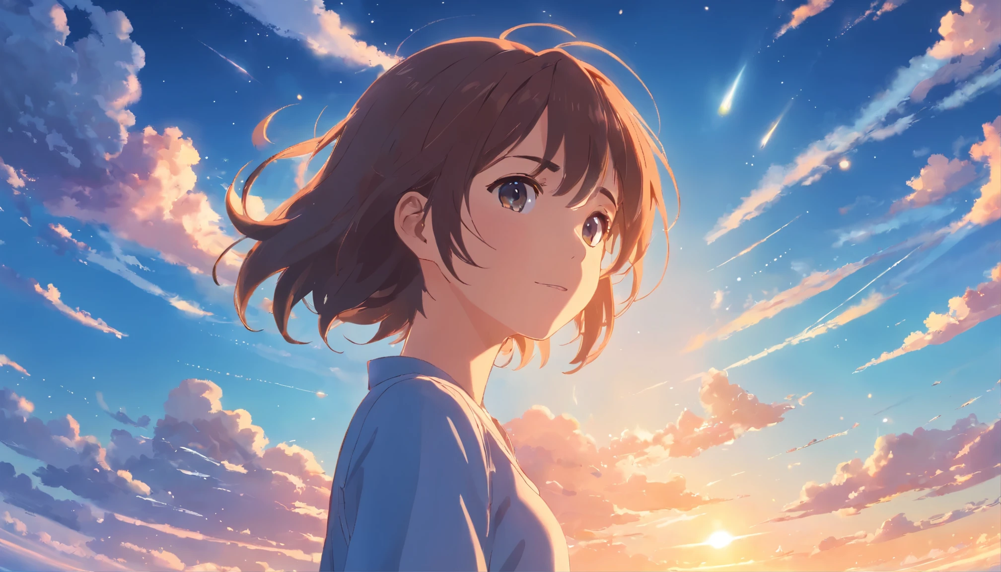 masterpiece, best quality, movie still, 1girl, cloud girl, floating in the sky, close-up, bright, happy, warm soft lighting, sunset, (sparks:0.7)