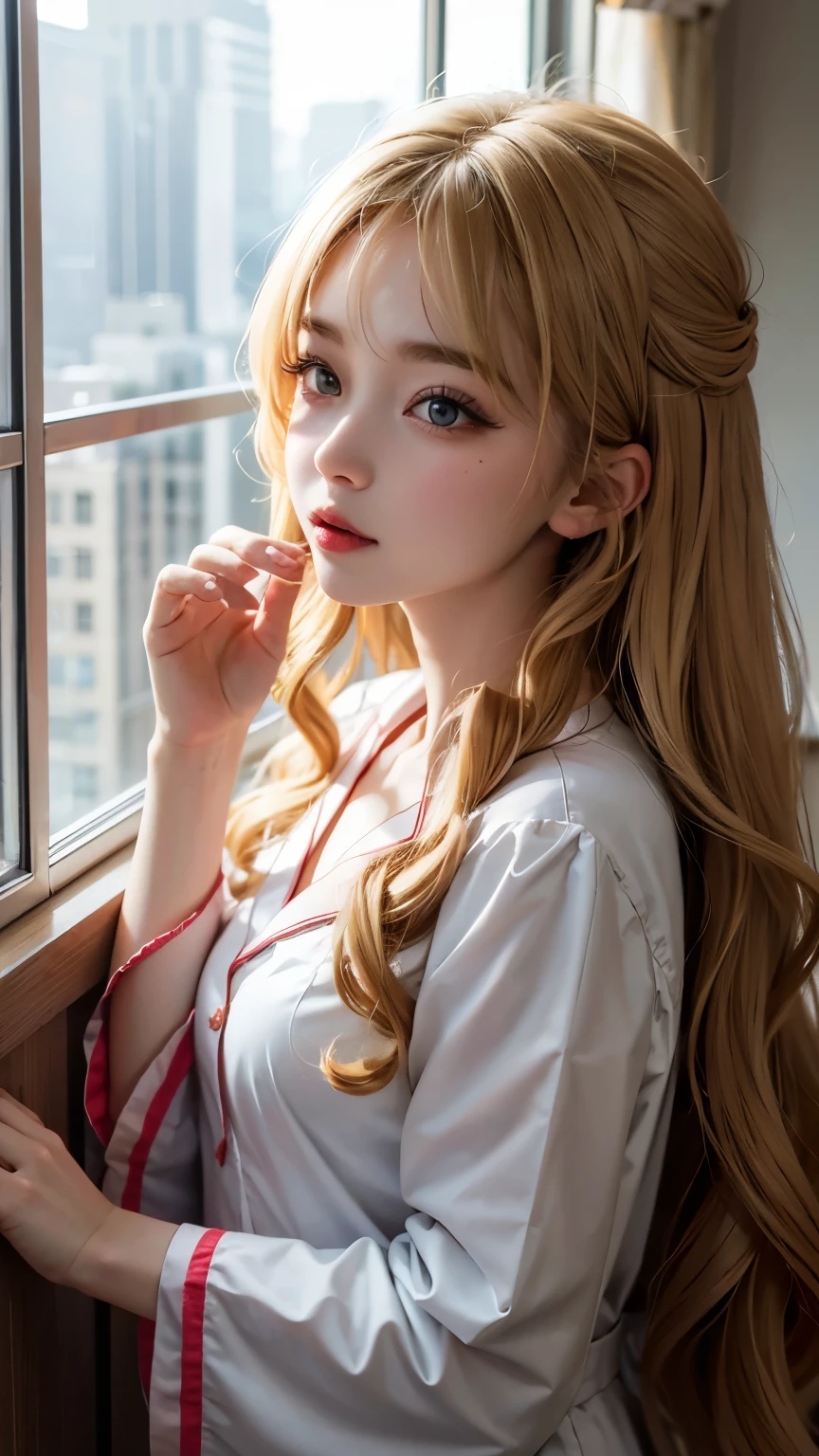 a girl, pajamas, in the room, Lying in bed, long hair, fit, window, blonde, long hair, curls, 粉色pajamas，sleepy expression，Want sleep，light, Ray tracing, Backlighting, modern, 8K, precise, masterpiece,high detail、high quality