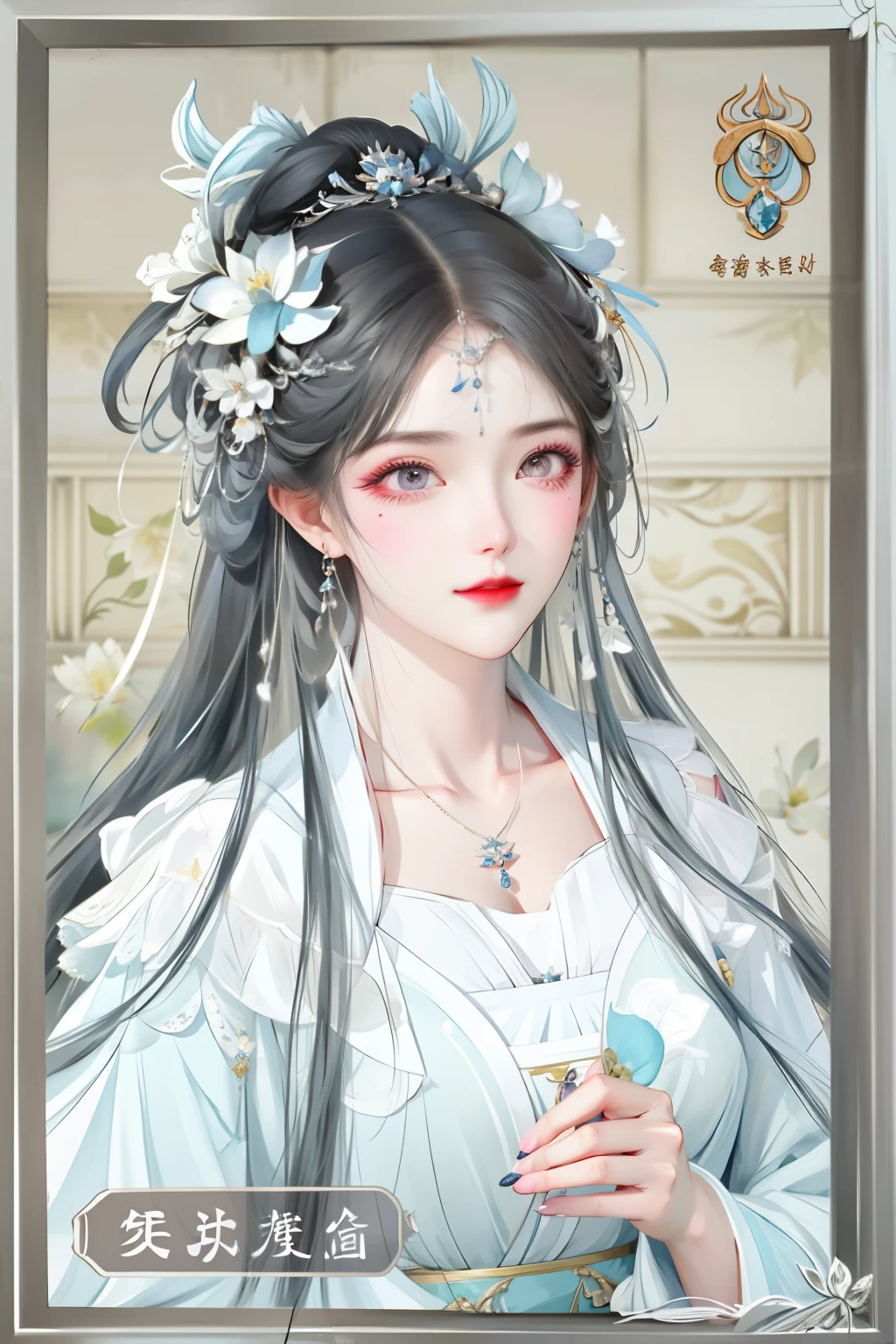 a close up of a woman with a blue dress and a flower in her hair, ((a beautiful fantasy empress)), beautiful character painting, a beautiful fantasy empress, inspired by Qiu Ying, palace , a girl in hanfu, inspired by Huang Ji, beautiful young wind spirit, xianxia fantasy, inspired by Ma Yuanyu, inspired by Lan Ying
