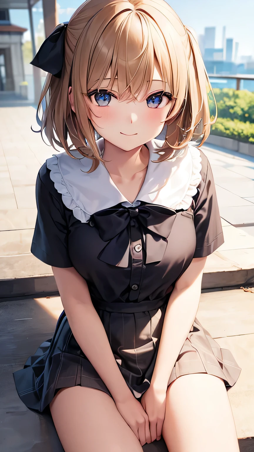 (very delicate and beautiful: 1.2), 1 girl, robber girl, bangs, cute eyes, bow, brown hair, closed mouth, Landscape, hair between eyes, hair bow, short sleeve, looking at the viewer, medium hair, alone, Upper body, school uniform: 1.3, ((alone)), (masterpiece), blonde、Poses with different movements、With a smile、sit and open your legs、mini skirt