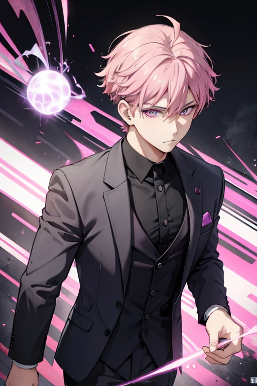 A pink haired handsome male reaper with violet eyes is holding a black ball of energy