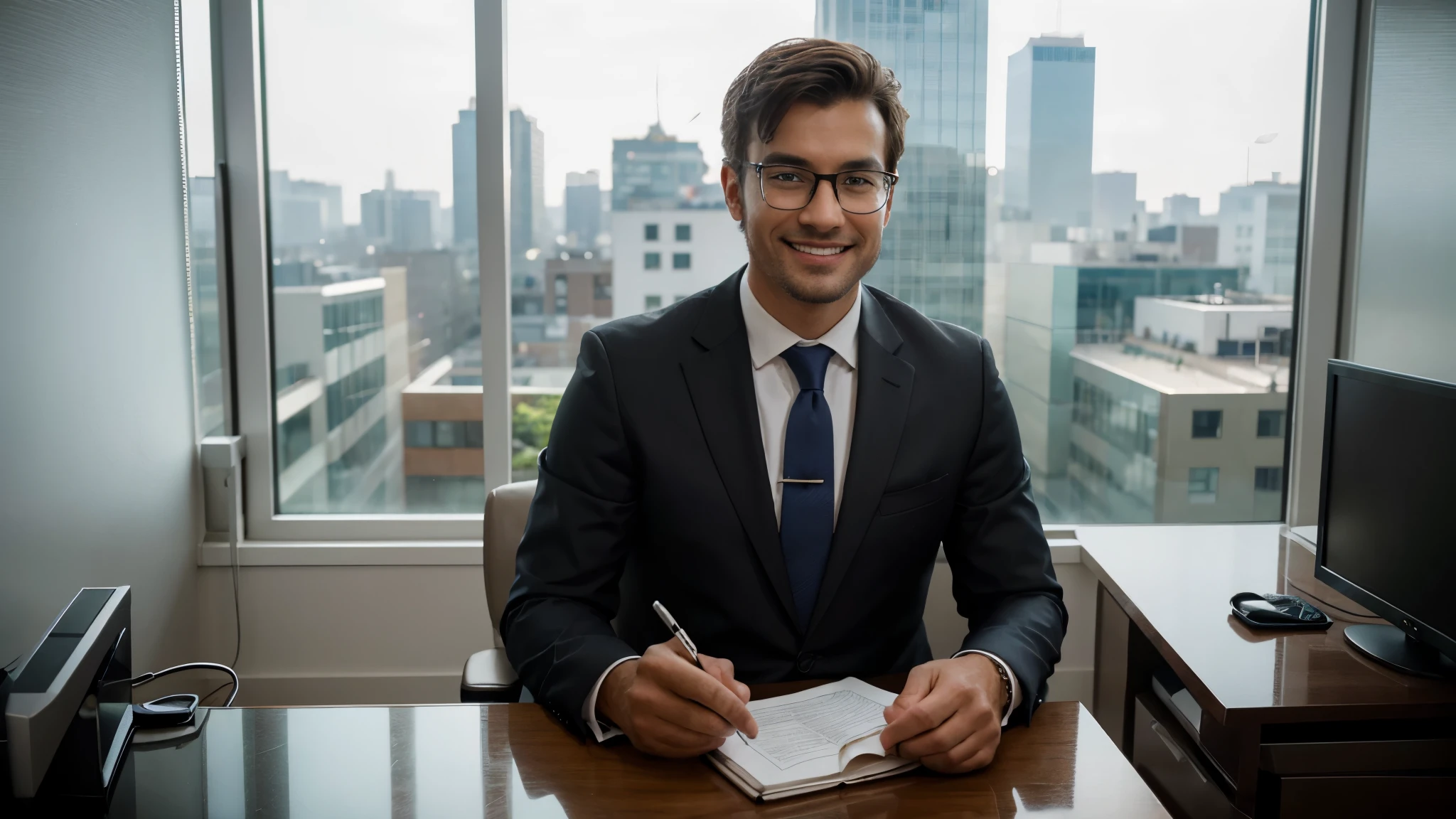 highly detailed photo, sharp details, realistic, 4K, RAW photo, man is smilling, businessman, formal attire, sitting, office chair, workplace, professional setting, executive, indoors, corporate environment, businessperson, homem elegante, wearing an impeccable dark suit, segurando um microfone com destreza, adorned with modern glasses. The warm smile is captured in a realistic image, highlighting sharp details and a high definition resolution. A foto, em qualidade 4K e formato RAW, Displays confidence through a positive pose and captivating expression. The background is a work desk scene, behind the man is a window overlooking the city center, with its elegance, is slightly blurred to highlight the presenter, complemented by carefully adjusted lighting. Man is sitting on a luxurious office chair, com os cotovelos em cima da mesa