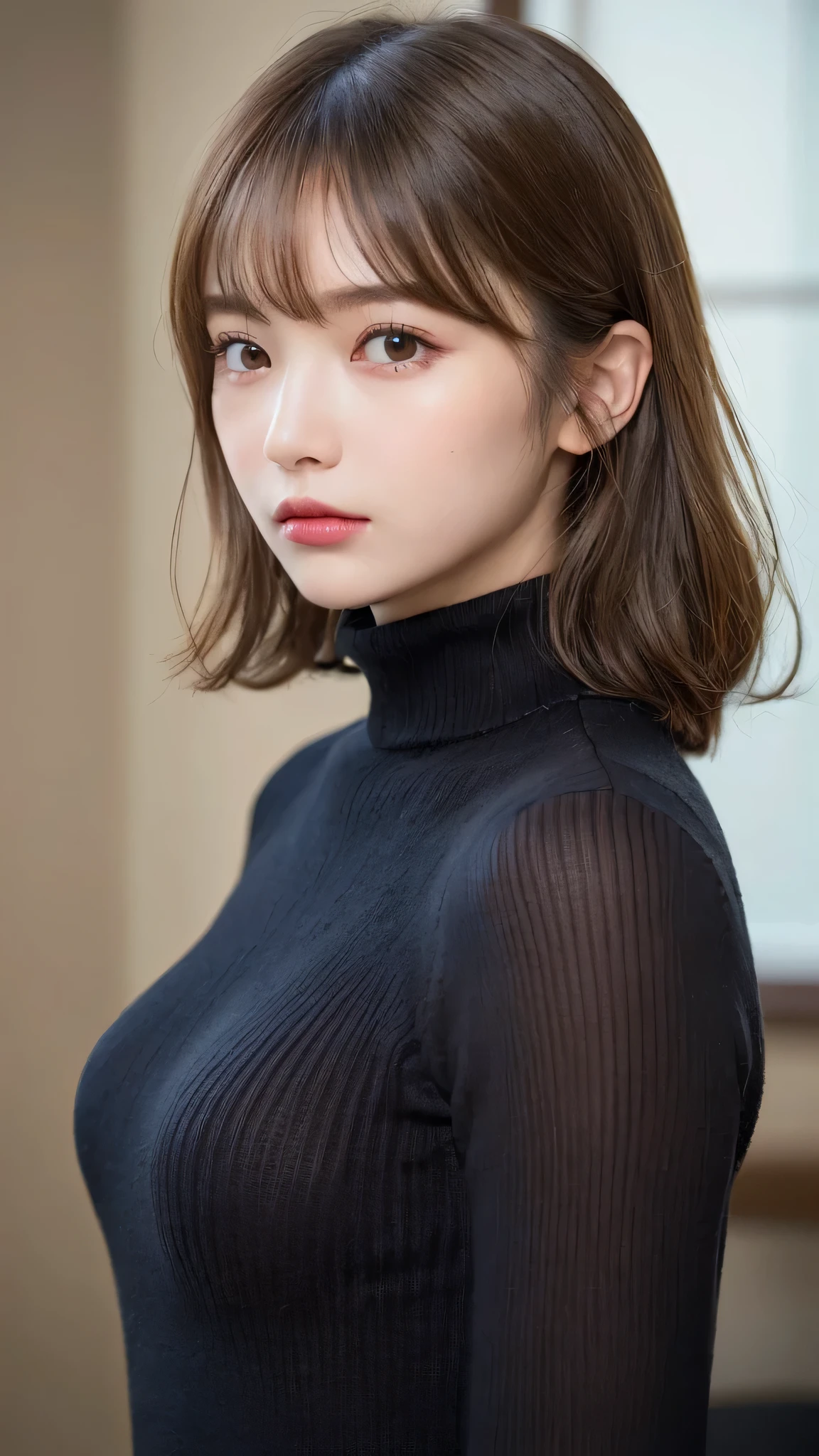 (masterpiece:1.5)、(lifelike:1.5)、(best quality:1.4、8k、original photo)、
ultra high resolution、professional lighting、Perfect dynamic composition、indoors、
film grain、Color difference、(Bokeh:1.1)、
frank、complicated、attractive、Surrealism、high detail、golden ratio、
(1 girl)、slim girl、繊細でattractive女の子、lovely woman:1.4、
Serious expression、looking at the audience、
light brown hair、shiny hair、Casual and cute hairstyle、
skin that looks real、
close your mouth、delicate eyes、double eyelids、Thin arms、
(Wearing a black turtleneck sweater)
