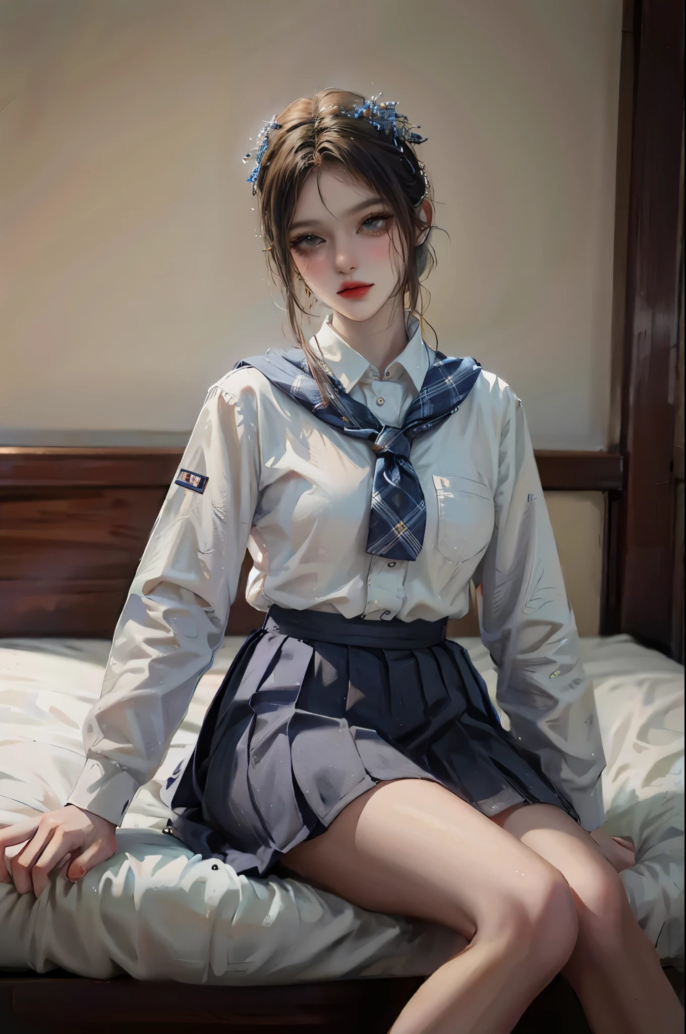 Sleeping Girl, 20 years old, Realistic,Wearing Anna Millers uniform,Open legs, Expressions of satisfaction and relief, Brown hair. Pink bed theme and some cute stuffed animals on the bed,An ultra-high picture quality,high-detail,Get up,