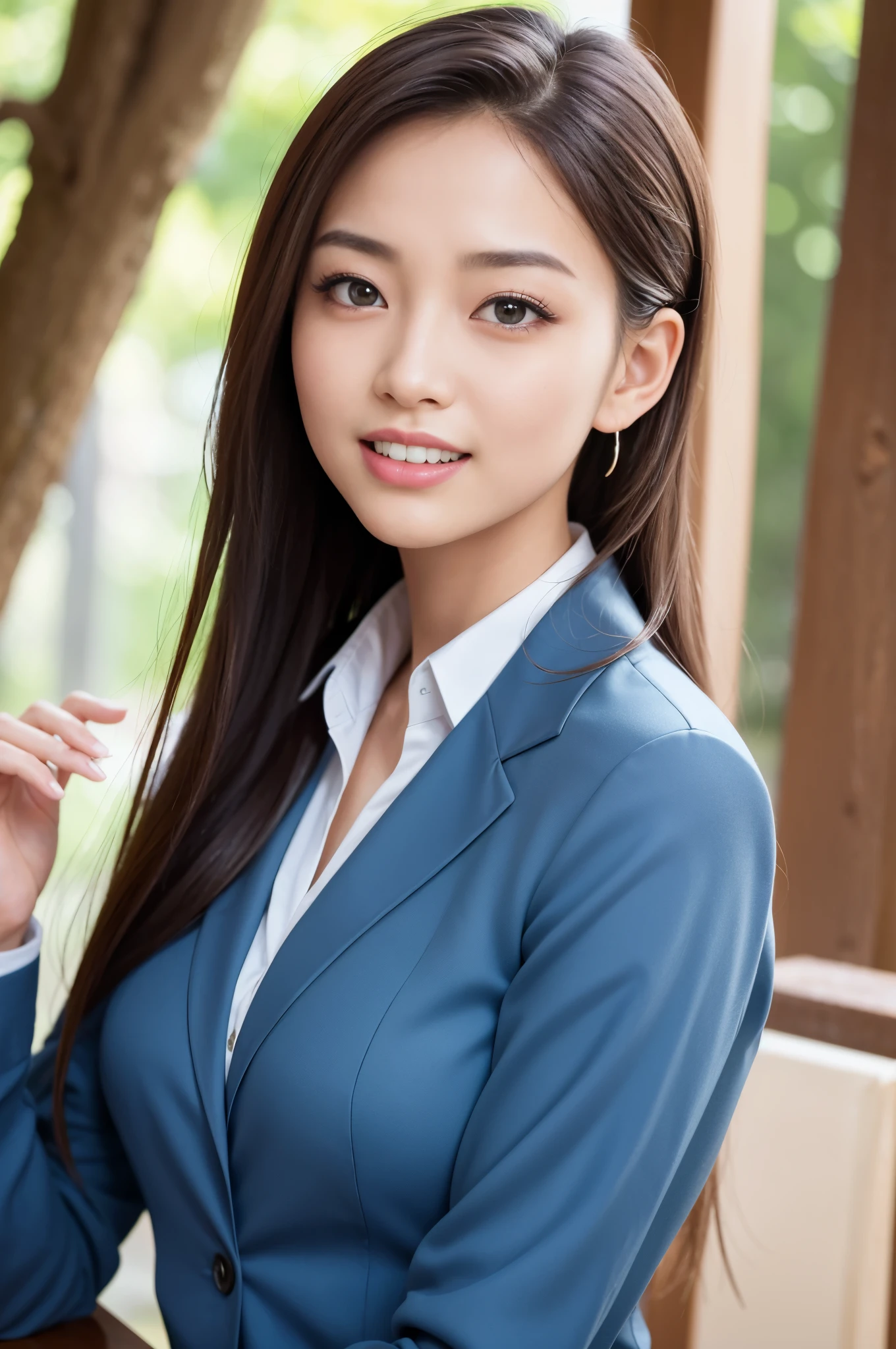highest quality, figure, super detailed, finely, High resolution, 8k wallpaper, 完璧なダイナミックな構figure, beautiful skin, (big eyes), 20 year old beautiful girl, natural color lip, (sexy pose), Chest middle, smile, Highly detailed face and skin texture, Detailed eyes, Double eyelid,leaking teeth and laughing, close-up, profile, brown ponytail, (Blue suit), (blouse:1.2), beautiful forest