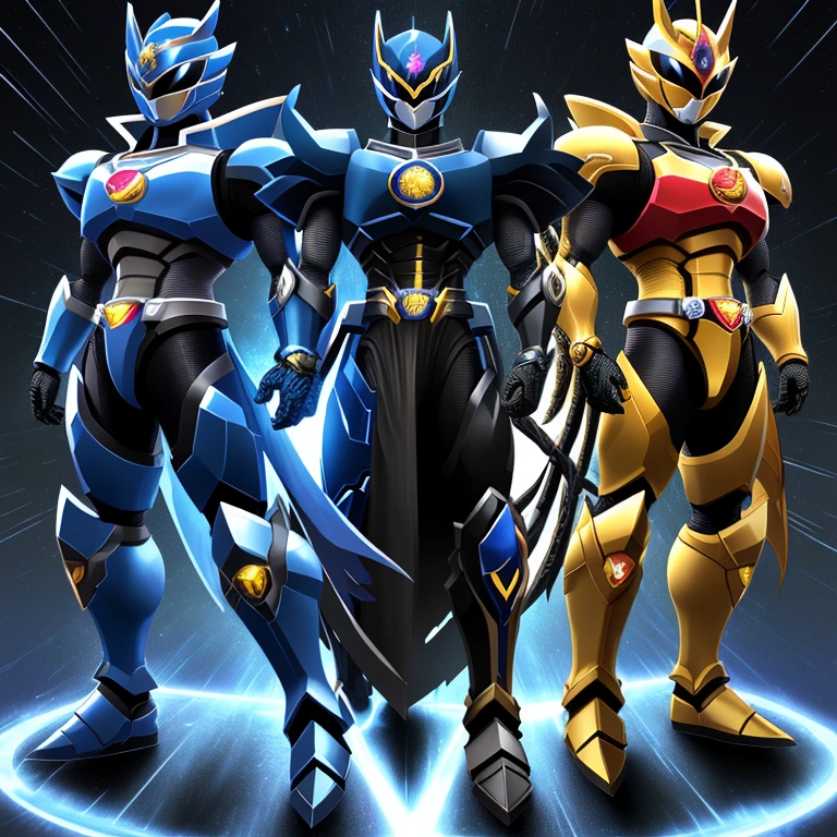 two cartoon superheroes standing next to each other、ハイファンタジーのsuper sentai、Magiranger characters、special effects、Morning warrior hybrid、Art style of the Warring States period、cyber japan style armor、Magic Sentai Magiranger、blue and ice silver color armor、Jet black armor、cyber fight armor、New costume concept design、super sentai、concept armor、Cyber Universe Style