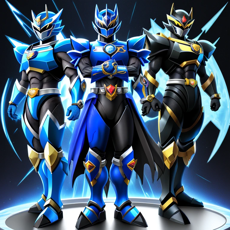 two cartoon superheroes standing next to each other、ハイファンタジーのsuper sentai、Magiranger characters、special effects、Morning warrior hybrid、Art style of the Warring States period、cyber japan style armor、Magic Sentai Magiranger、blue and ice silver color armor、Jet black armor、cyber fight armor、New costume concept design、super sentai、concept armor、Cyber Universe Style