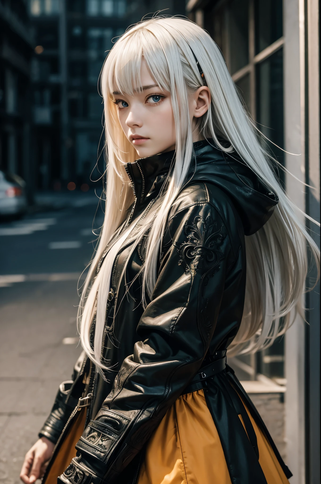 style of Tsutomu Nihei,(incredibly absurdres, (high resolution:1.18), intricate detail, (masterpiece:1.1), (highest quality:1.1), absurdres),(1girl, portrait, white hair, orange eyes, long hair, detailed eyes),