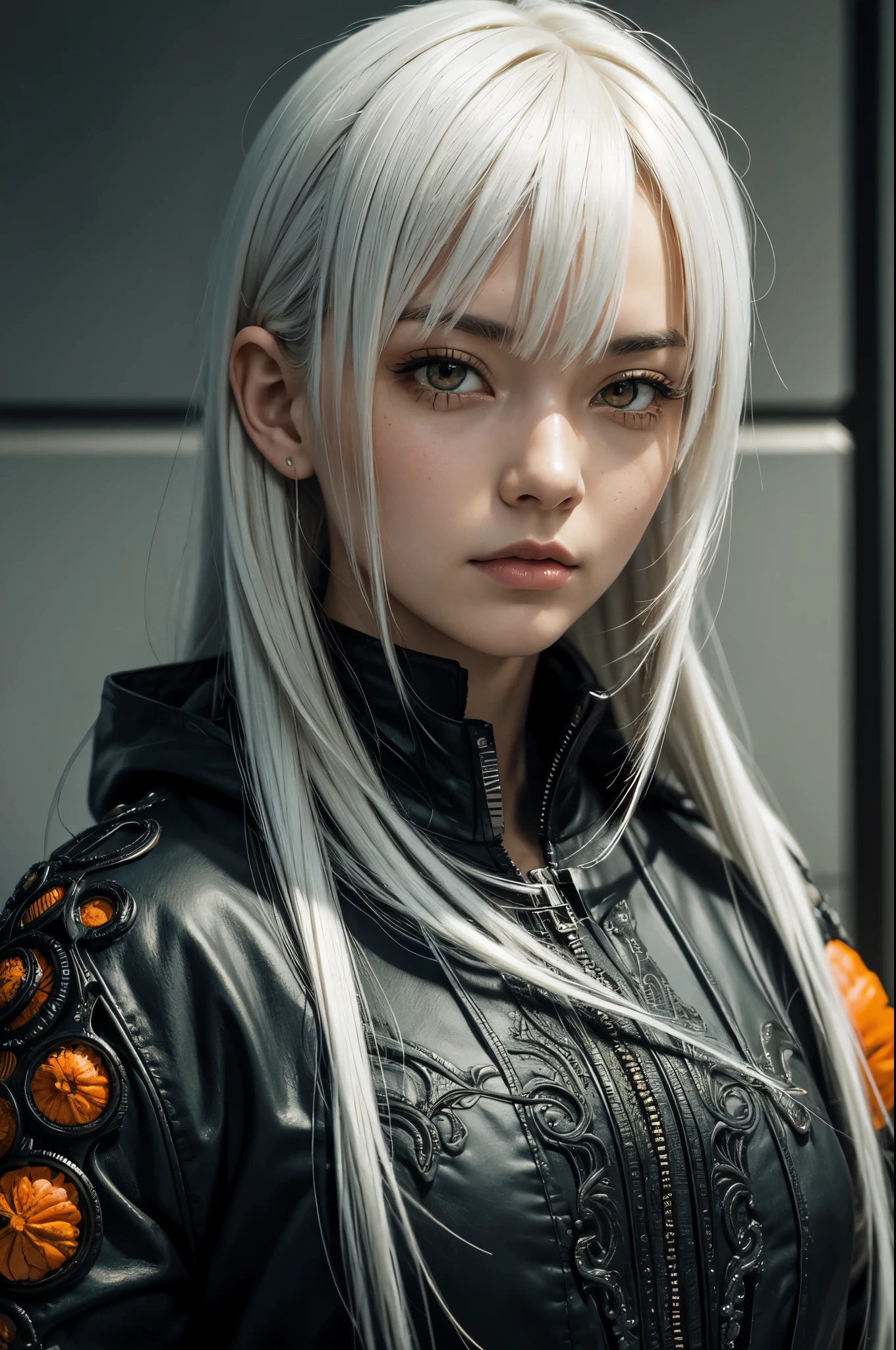 style of Tsutomu Nihei,(incredibly absurdres, (high resolution:1.18), intricate detail, (masterpiece:1.1), (highest quality:1.1), absurdres),(1girl, portrait, white hair, orange eyes, long hair, detailed eyes),