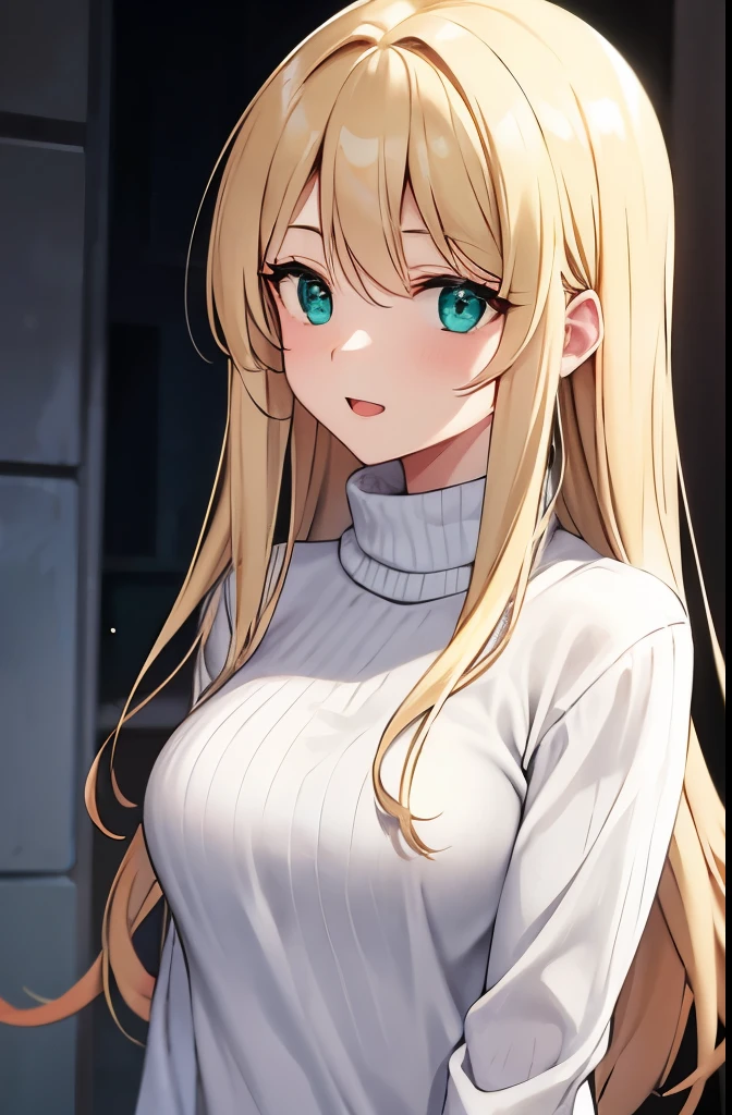 25 years old women,blonde hair,long straight hair,green eyes,happy,medium breasts,white aran sweater,jeans